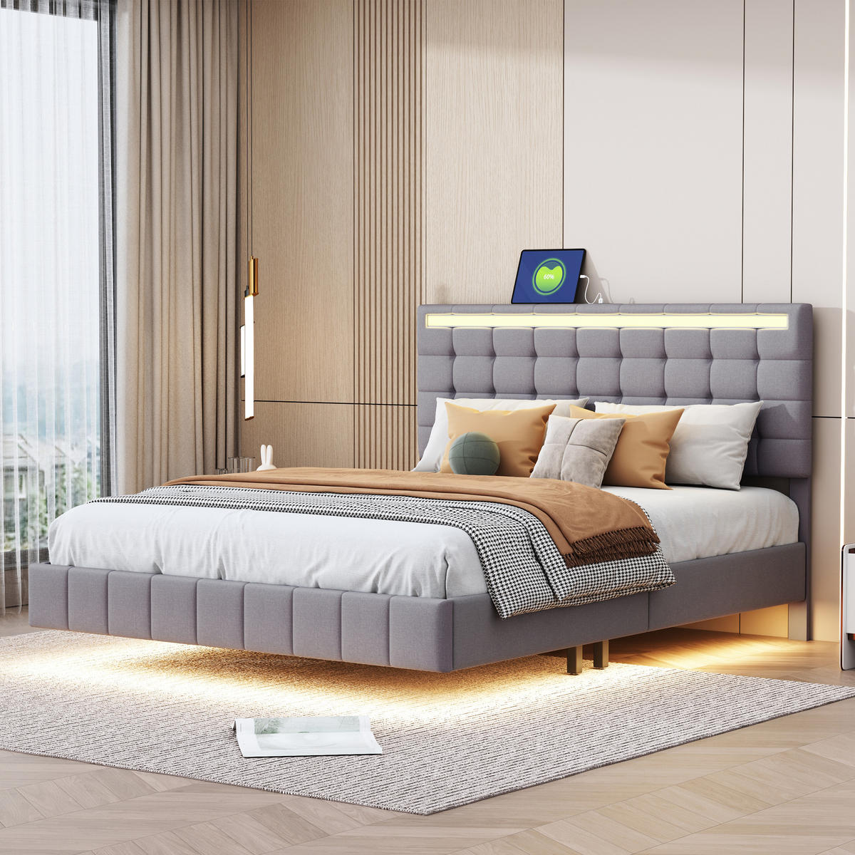 POLSTERBETT 140/200 cm grau mit LED-Beleuchtung und Kopfteildesign - Grau, Textil (140/200cm) - OKWISH