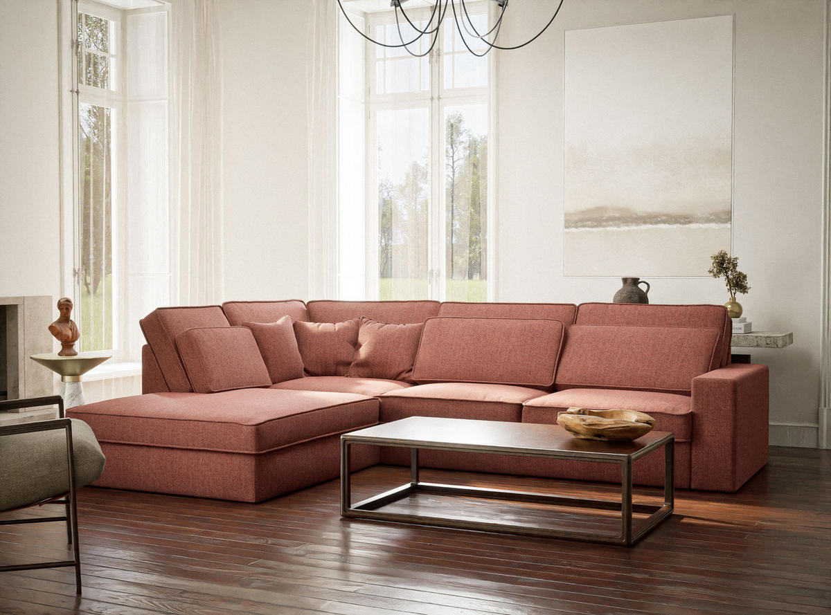 ECKSOFA Kirou Korallenfarbe Webstoff - Links Seite - Koralle/Schwarz, Holz/Holzwerkstoff (225/311cm) - Maison de Reve