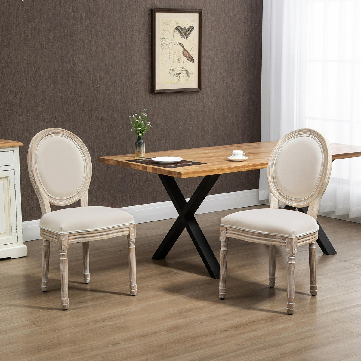 2ER Set Esszimmerstühle Küchenstuhl mit Rattan-Rückenlehne Linen-Touch - Creme, Kunststoff (56/96/49cm) - HOMCOM