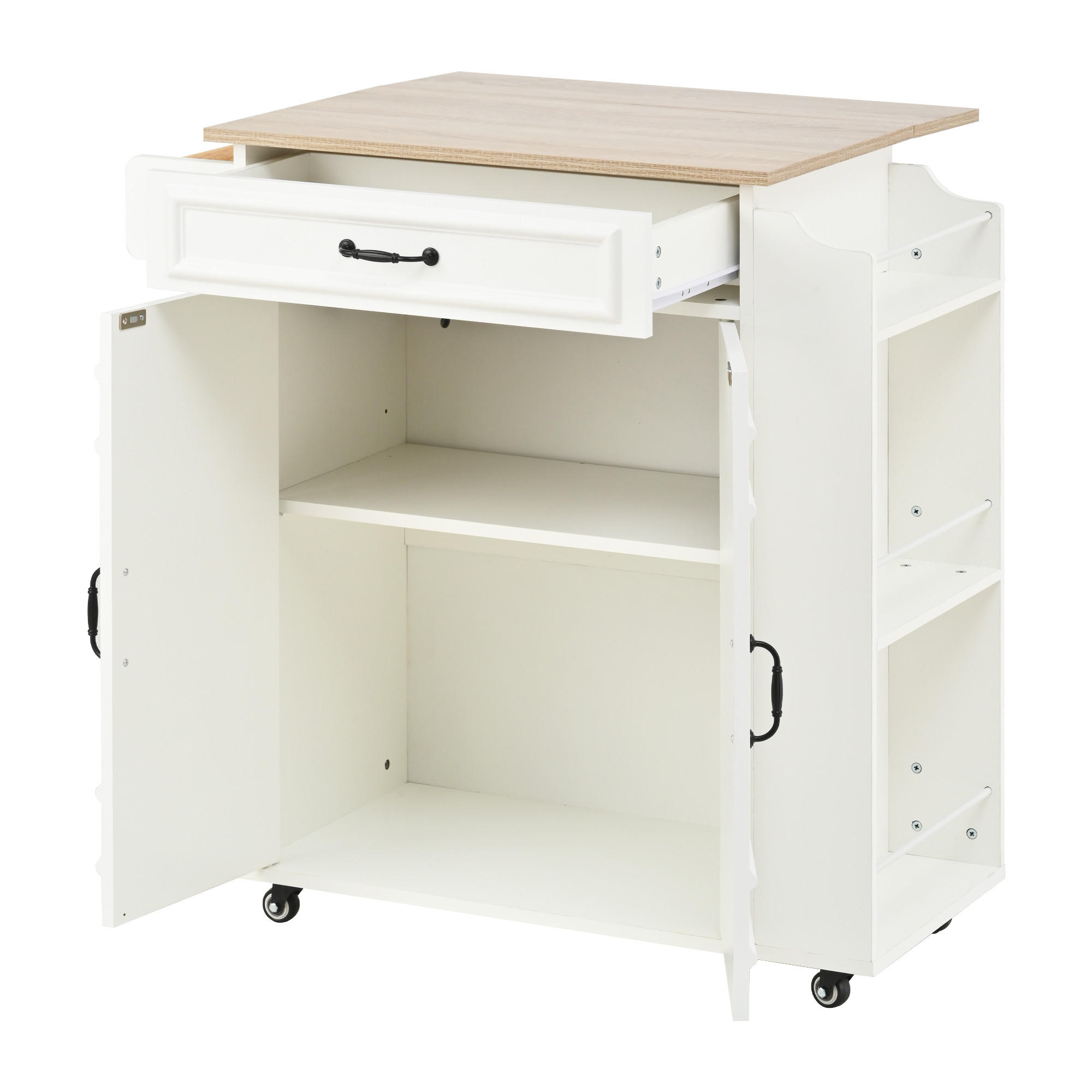 KÜCHENROLLWAGEN 66x40x90cm MDF mit Klappplatte, Schublade, Schrank & 4 Rollen - Weiß, Holzwerkstoff (66/90/38cm) - Modfu