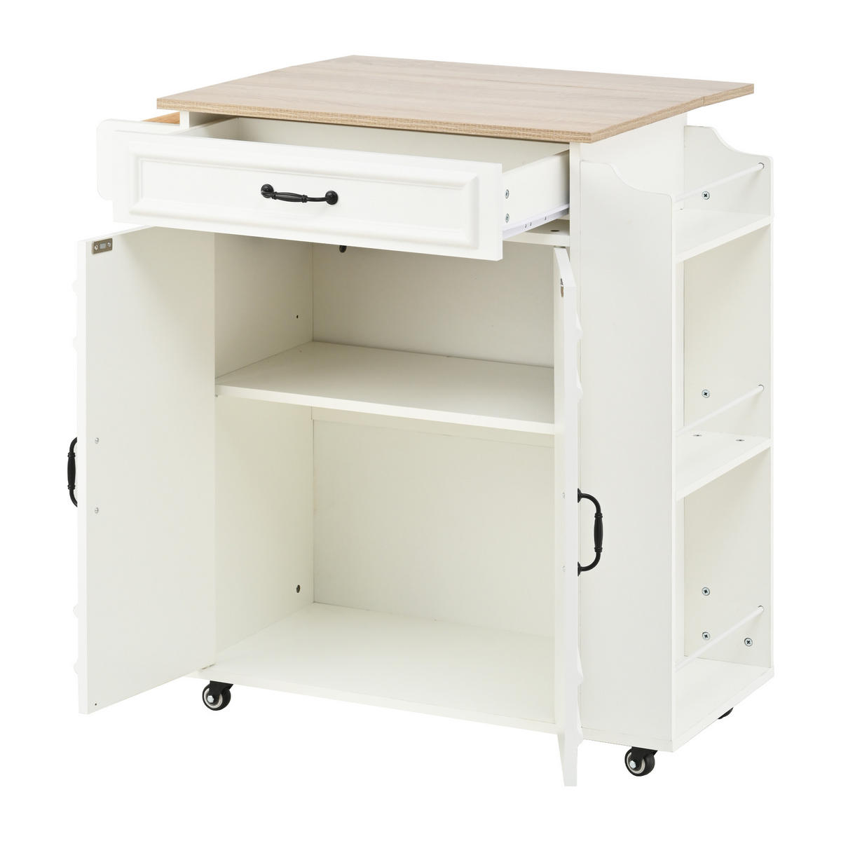 KÜCHENROLLWAGEN 66x40x90cm MDF mit Klappplatte, Schublade, Schrank & 4 Rollen - Weiß, Holzwerkstoff (66/90/38cm) - Modfu