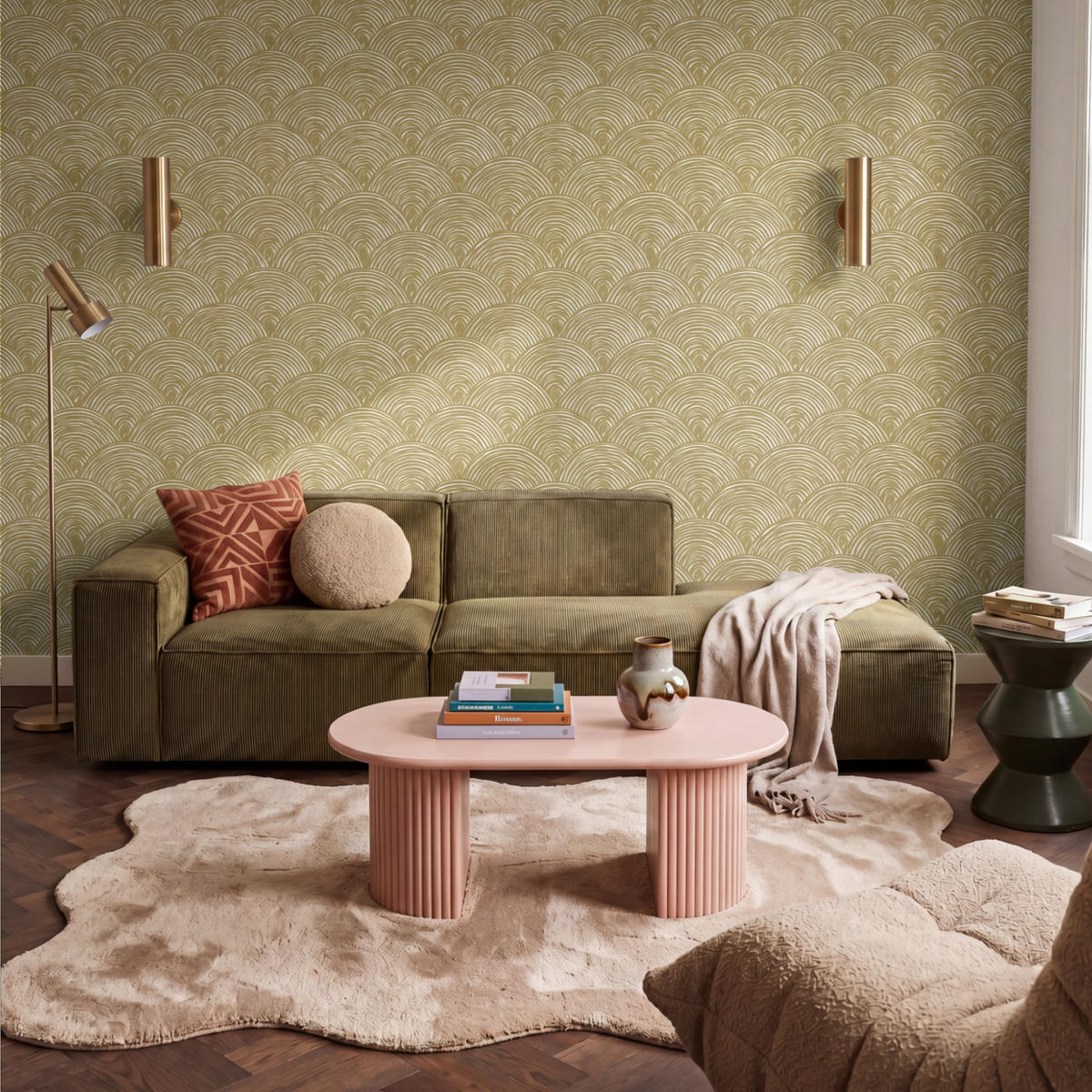 TAPETE - Fächer - Geometrisch - Grün - 350x240 cm - Goldfarben, Papier (350/240cm) - OnlyWow