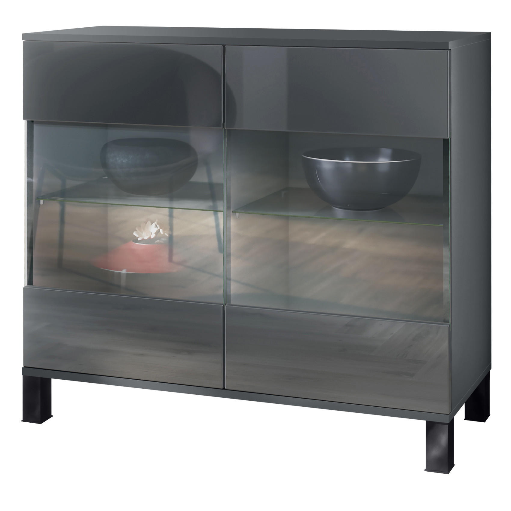 KOMMODE Bari Grau Hochglanz - Grau, Holzwerkstoff (92.5/84.5/35cm) - Vladon