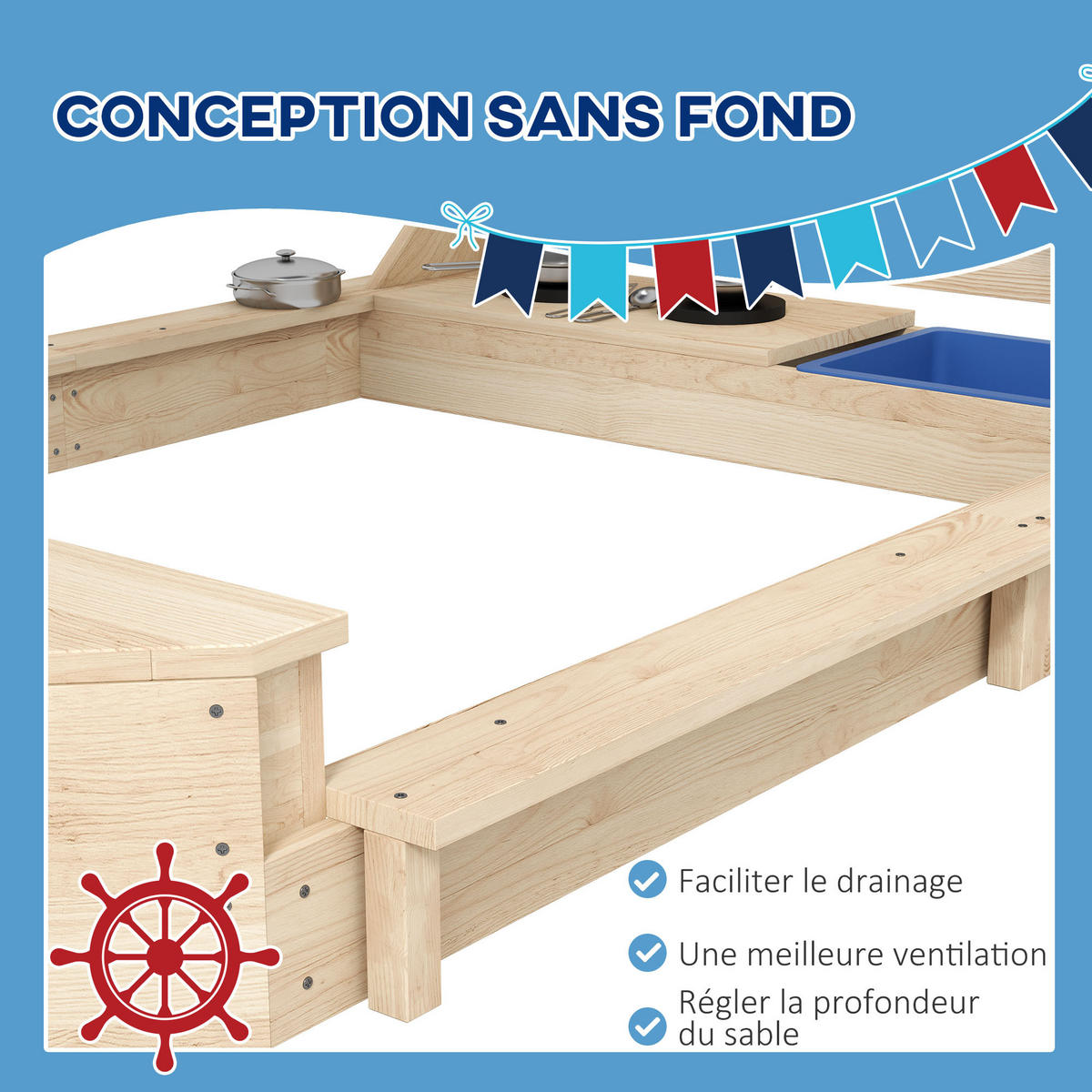 SANDKASTEN DE-18751 mit Küchenspiel & Piratenschiff-Design Naturholz - Naturfarben, Holzwerkstoff (180/103/144.5cm) - ComfortXL