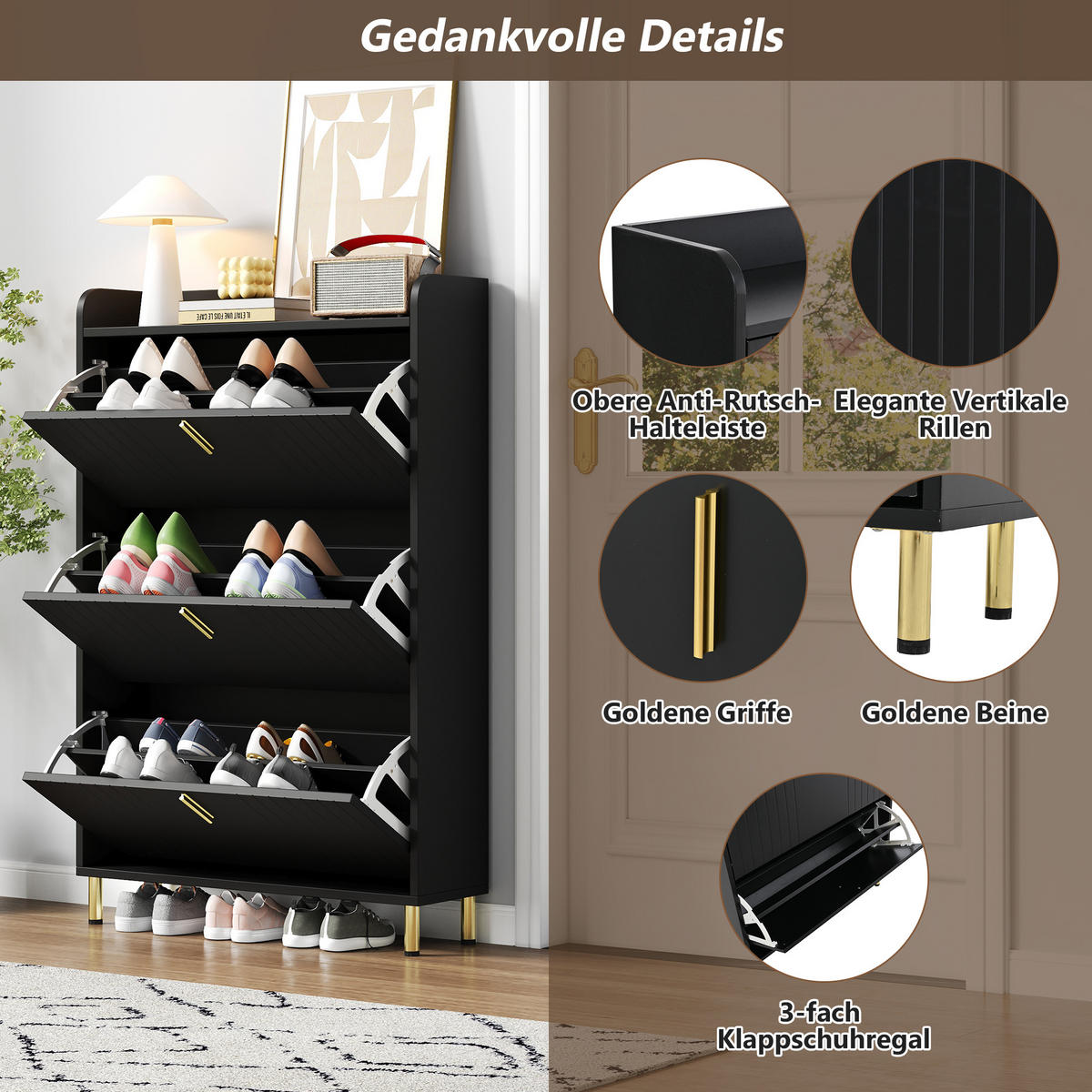 SCHUHSCHRANK Schwarz 3 Klappen 6 Fächer 80x23.5x123.5cm schmal - Schwarz, Holzwerkstoff (23.5/123.5/80cm) - FLIEKS