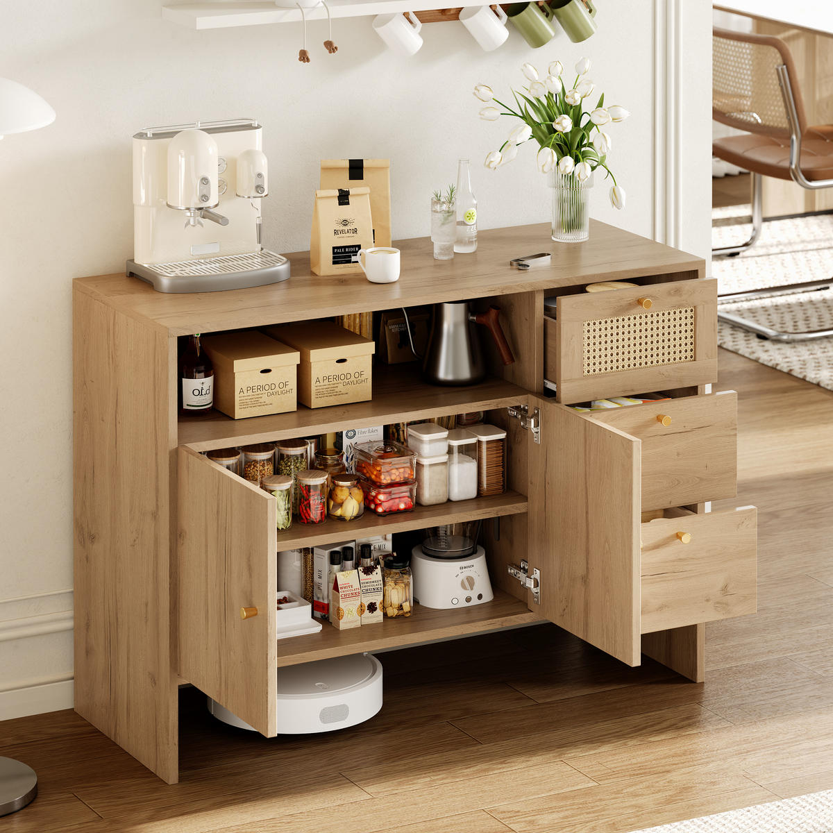 SIDEBOARD holzoptik & rattan mit 3 schubladen & 2 türen - Naturfarben, Holzwerkstoff (105/76/40cm) - Urban Meuble
