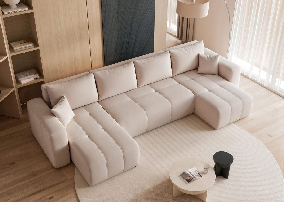WOHNLANDSCHAFT U-Form Velours mit Bettkasten und Schlaffunktion - Beige, Holzwerkstoff/Textil (318/79/145cm) - Idohome
