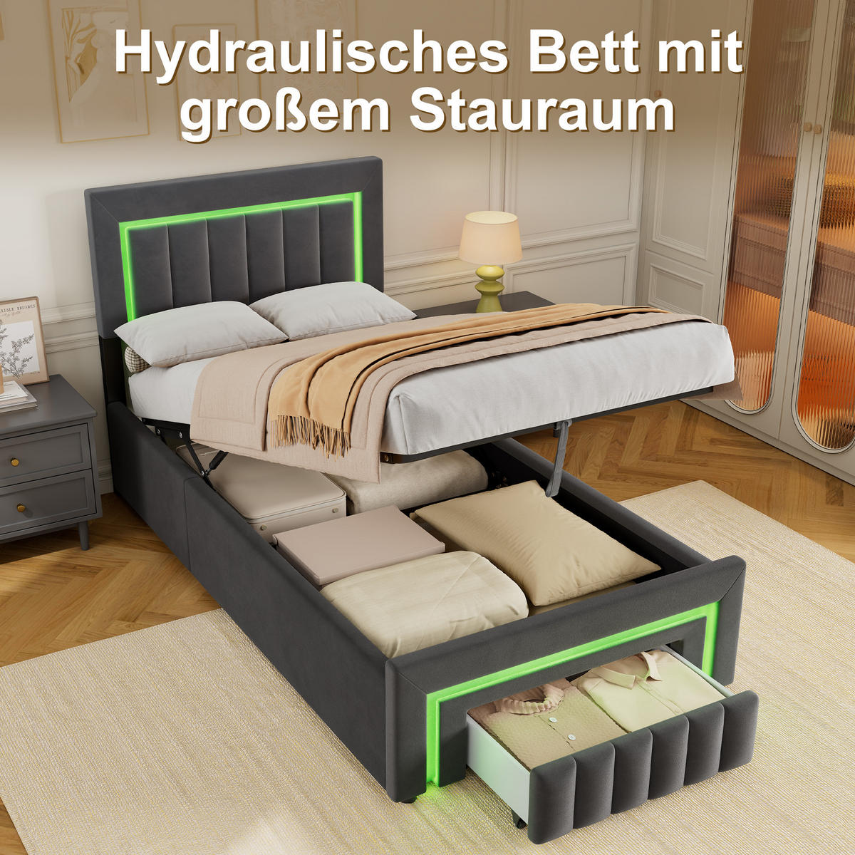 POLSTERBETT 90/200 cm mit hydraulischem Bettkasten, Schublade mit Rollen, LED-Beleuchtung, Grau - Grau, Textil (90/200cm) - Redom