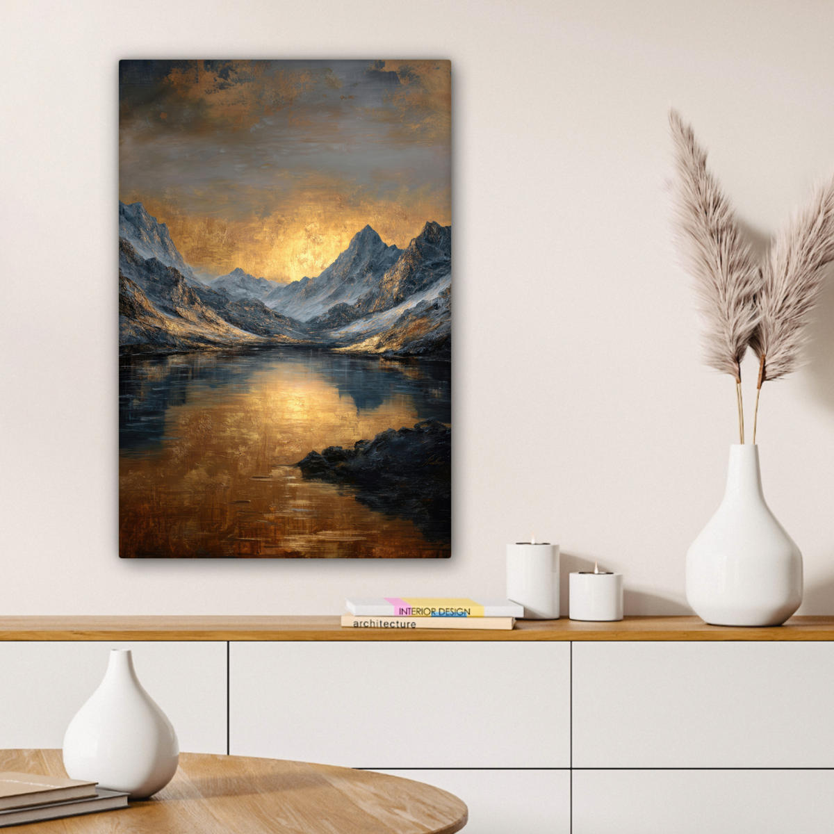 LEINWANDBILD Bergkulisse mit goldenem Sonnenuntergang Wanddeko Schlafzimmer 60x90 cm - Goldfarben, Textil (60/90cm) - MuchoWow