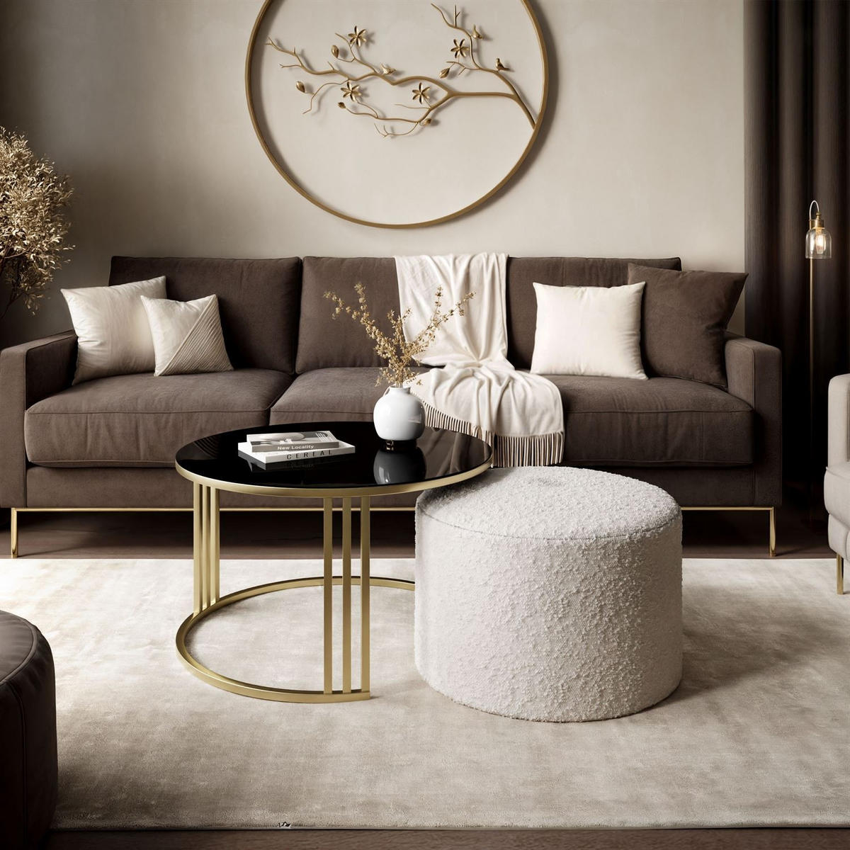 COUCHTISCH mit Hocker LORI GLASS gebürstetes Gold/schwarzes Glas/Coral 65 - Schwarz, Metall (70/70/49cm) - Lookway