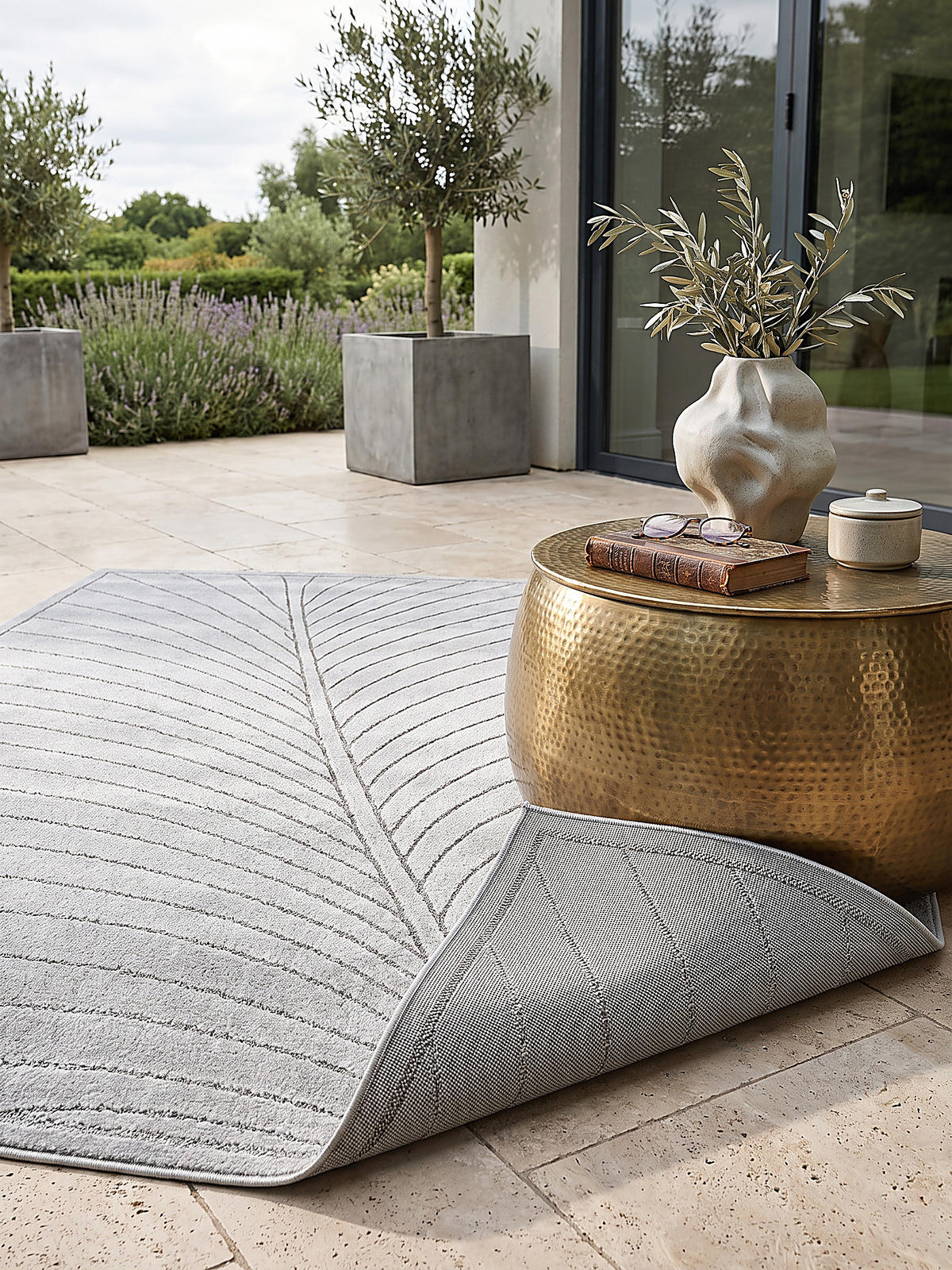 TEPPICH Outdoor, Fußbodenheizung-geeignet, mit Blattmotiv, aus Polypropylen, ENGADIN in Silbergrau, 140 x 200 cm - Grau, Textil (140/200cm) - KADIMA DESIGN