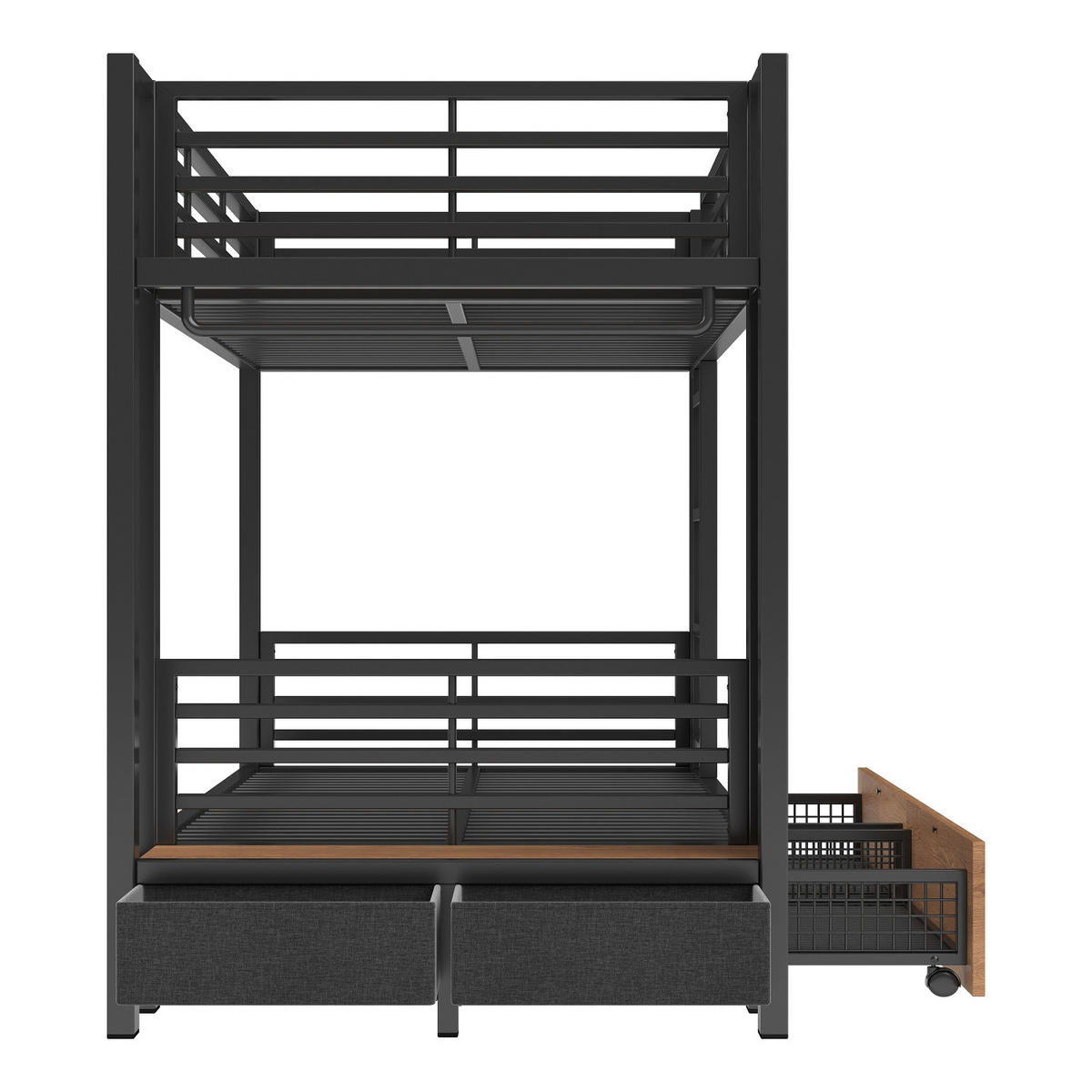 ETAGENBETT 90/200 cm Schwarz mit 4 Schubladen, LED-Lichtleiste und Kleiderstange - Schwarz, Metall (90/200cm) - Oxeza