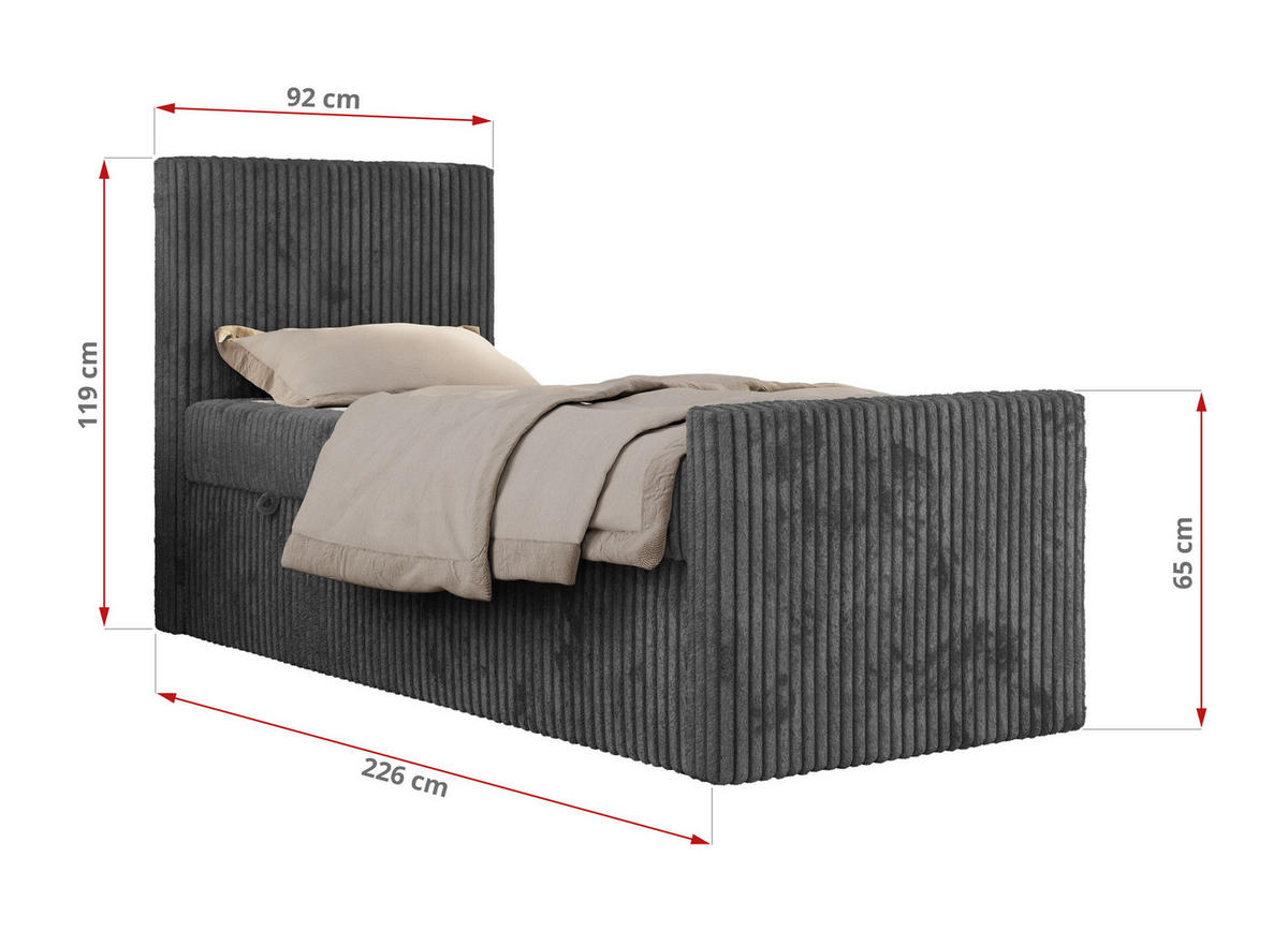 JUGENDBETT TILIO DUO 90/200 - Grau Cord - H3 - Rechts Seite - Grau, Textil (90/200cm) - MKS
