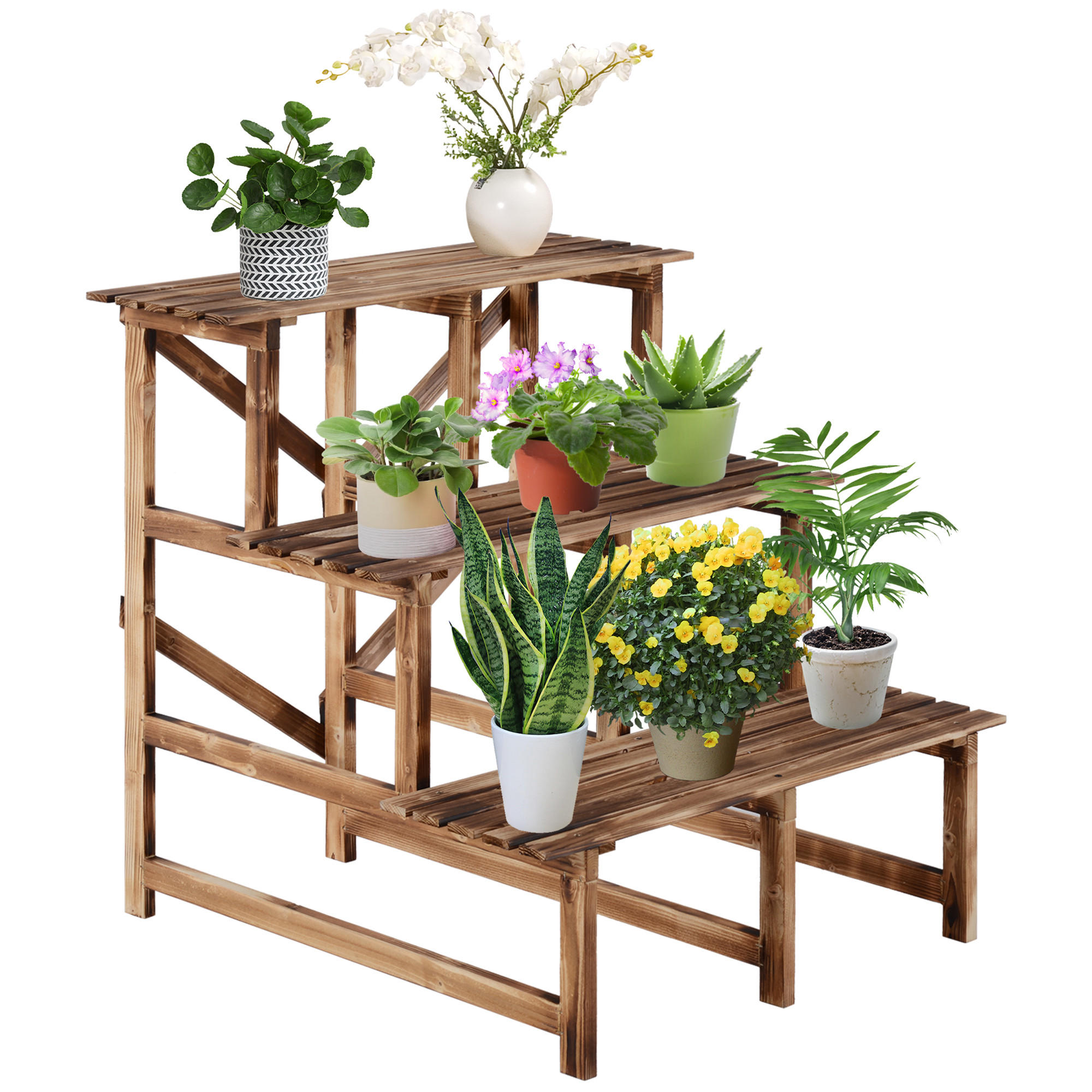 PFLANZENTREPPE Blumentreppe Blumenregal Pflanzregal, 3 Stufen, Tannenholz, Verkohlt - Dunkelbraun, Holz (80/78/80cm) - Outsunny