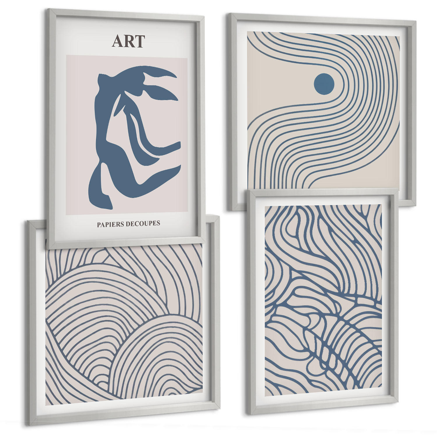 BILDER SET 4er Set - 50x50 cm & 40x60 cm Silberner Rahmen - Abstrakte blaue Linien - Silberfarben, Kunststoff (50/50cm) - TULUP