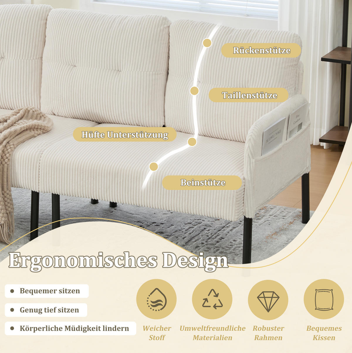 3-SITZER-SOFA 171/72/80 cm aus Cord mit Seitentasche Beige - Beige, Textil (72/80/171cm) - Modenvie