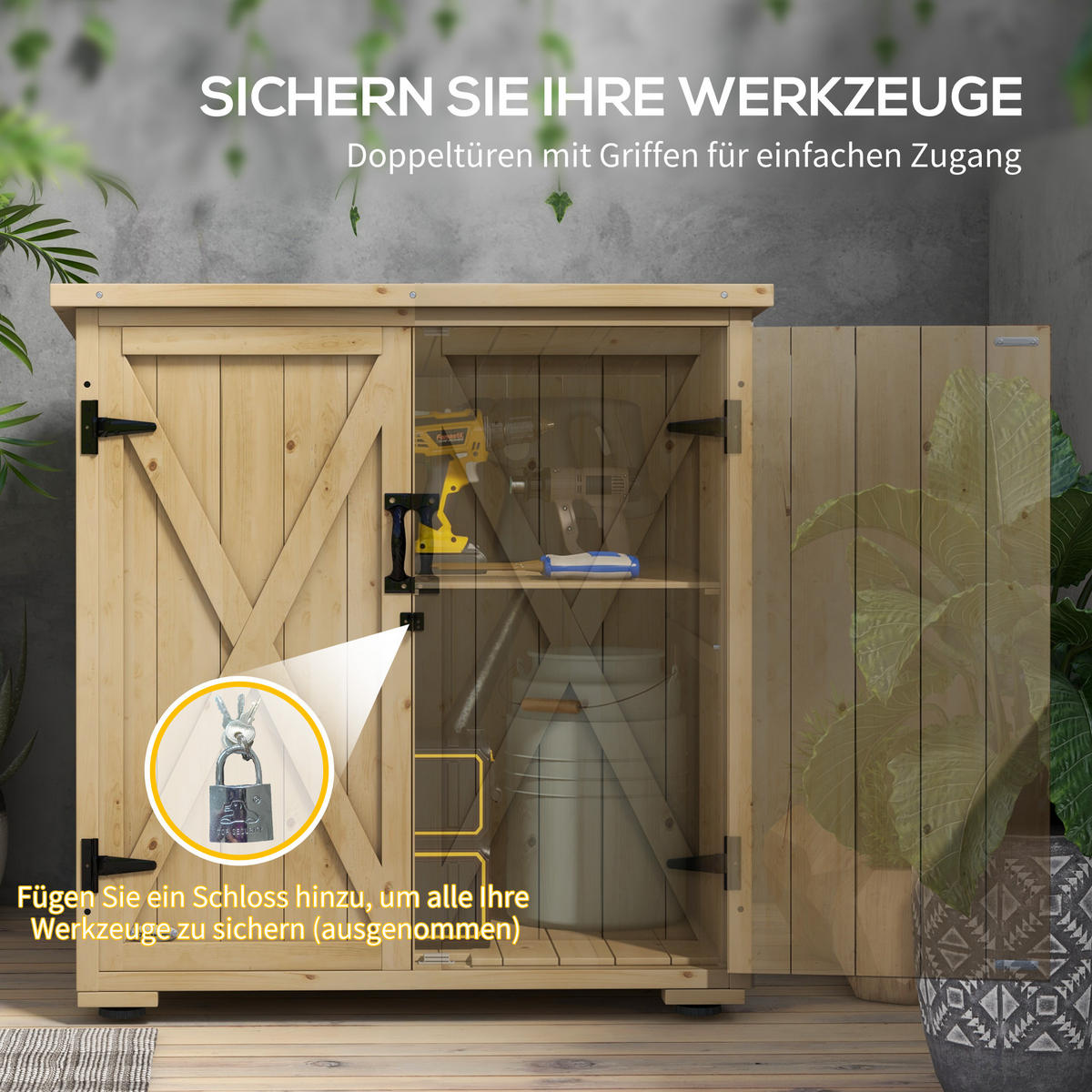 GARTENSCHRANK, Wetterfester Geräteschuppen, Doppeltür, für Garten Balkon, Holz, Natur - Fichtefarben, Holz (88/90/77.5cm) - Outsunny