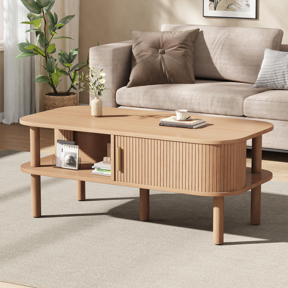 COUCHTISCH DE-37131 mit Rolltor und offenen Fächern Nussbaum - Walnussfarben, Holzwerkstoff (110/55/45cm) - ComfortXL