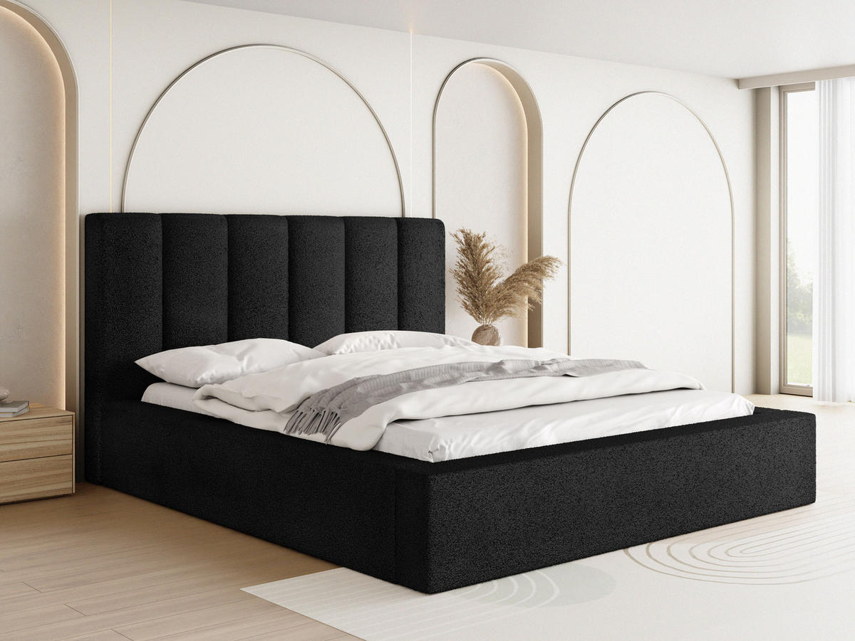 POLSTERBETT Amira mit Stauraum, Lattenrost und hohem Kopfteil - Schwarz Bouclé 200x200 cm - Birkefarben/Schwarz, Holzwerkstoff/Kunststoff - WFL GROUP
