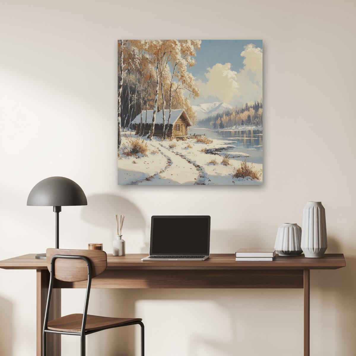 AKUSTIKBILD Winter - Schnee - Zuhause - Natur Akustikpaneele 80x80 cm - Hellbraun, Kunststoff (80/80/0.9cm) - MuchoWow