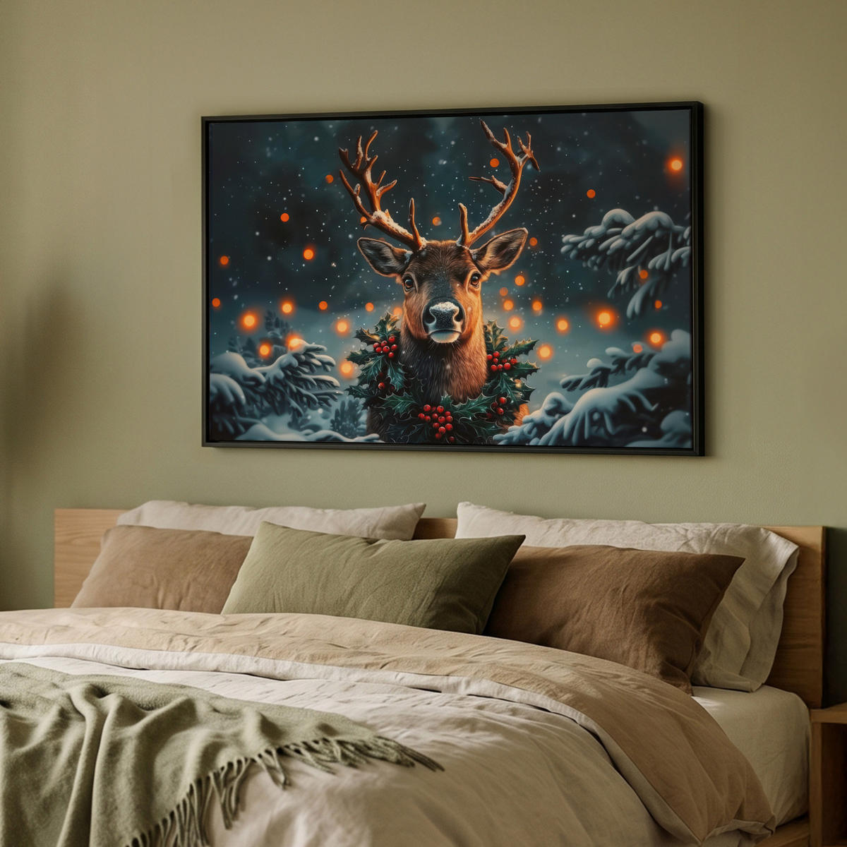 LEINWAND Bilder mit Rahmen - Hirsch - Weihnachten - Winter - Schnee - Weihnachtskranz - 90x60 - Dunkelbraun, Textil (90/60cm) - MuchoWow