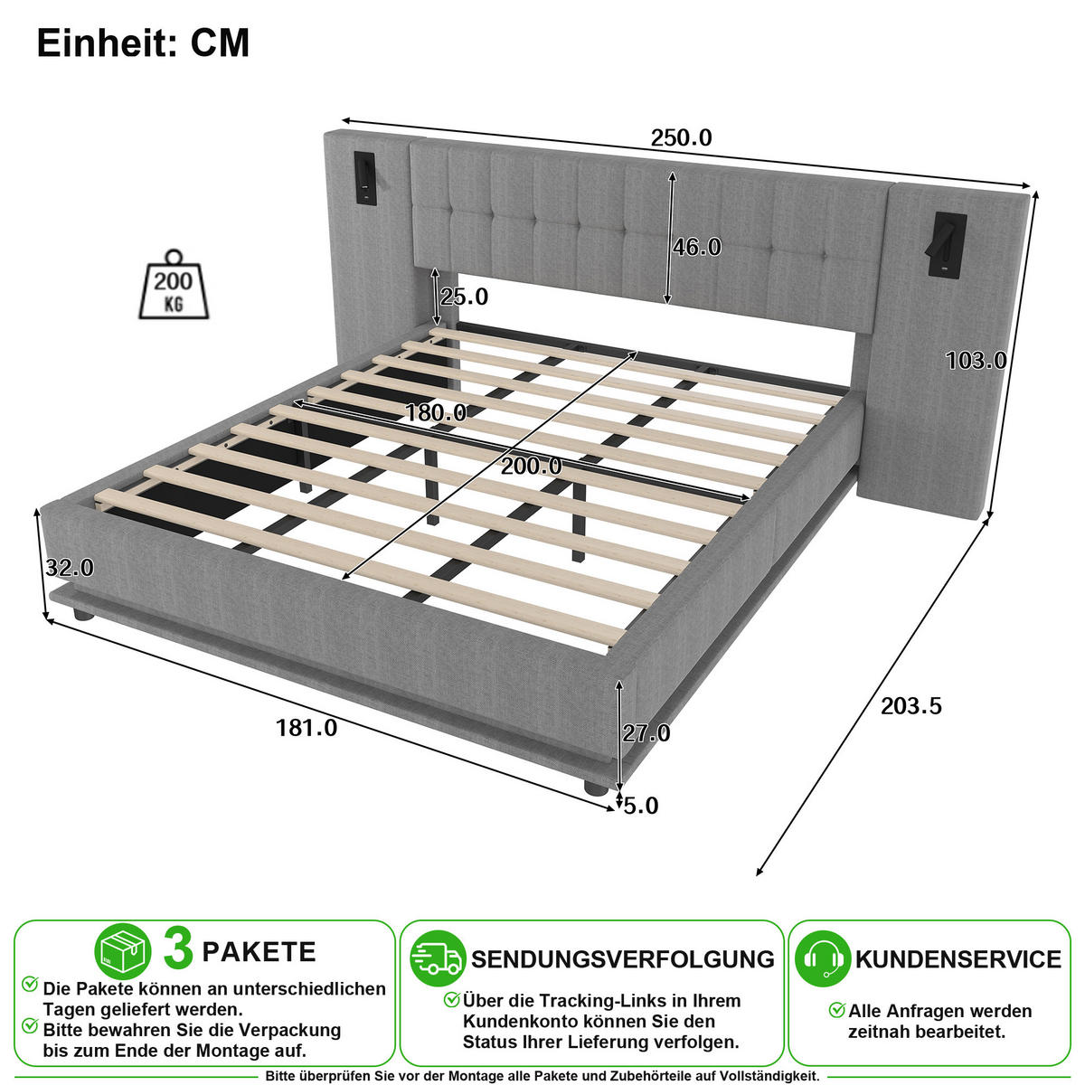 POLSTERBETT 180/200 cm in Grau mit LED, Spot und USB Leinen - Grau, Holzwerkstoff/Textil (180/200cm) - CHICFURN