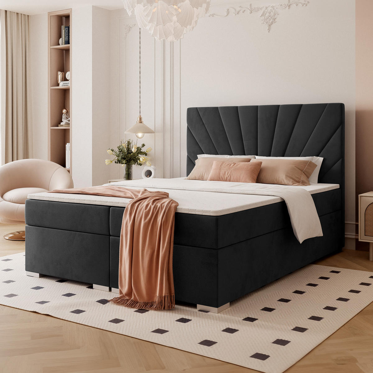 BOXBETT OASIS 140/200 cm mit Matratze und Topper, Schwarz - Chromfarben/Schwarz, Textil/Metall (140/200cm) - Idohome
