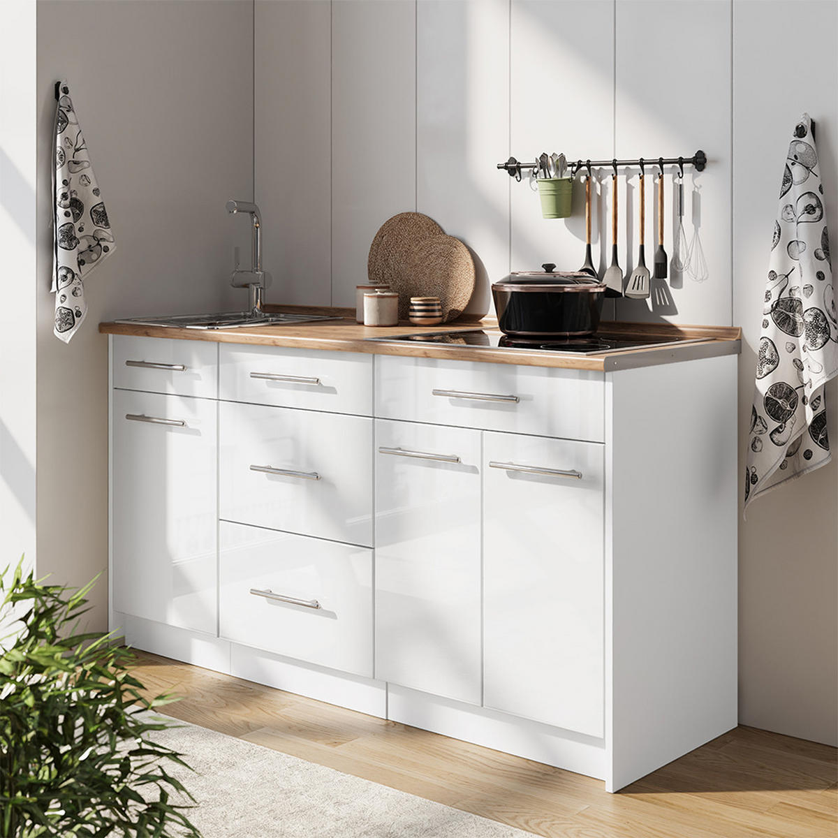 KUCHYNSKÝ BLOK Fame-Line, Biely vysoký lesk/biely, 150 cm, AP Oak - biela/biela s vysokým leskom, kompozitné drevo (150/82/60cm) - Vicco