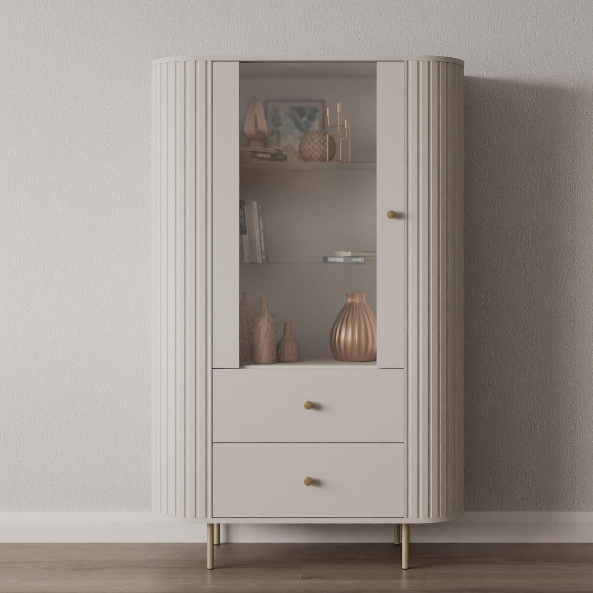 VITRINE Halay Beige, 1 Tür & 2 Schubladen Moderne Rillenstruktur, mit runden Kanten - Beige/Goldfarben, Holzwerkstoff/Metall (97.4/155/42.3cm) - AX Living