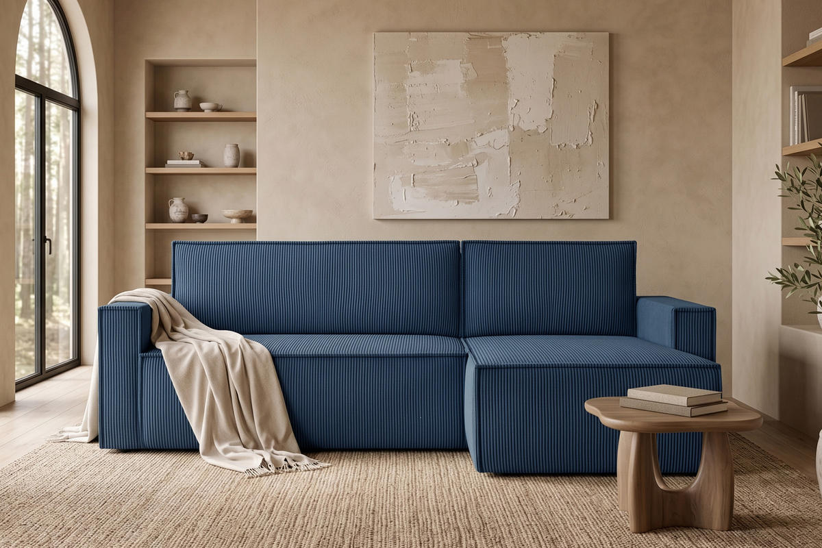ECKSOFA-LINKS/RECHTS NAPI Schlaffunktion mit Cordbezug, blau - Blau/Schwarz, Textil (246/148cm) - KONSIMO®