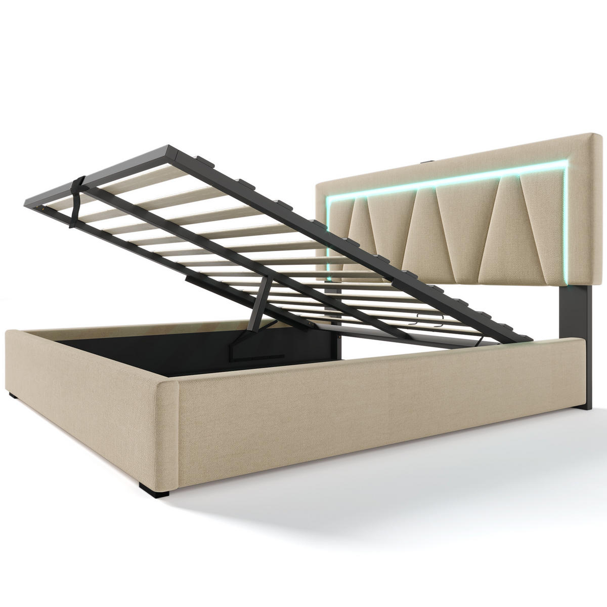 POLSTERBETT mit Stauraum, USB und LED 140x200 cm Beige inkl. Matratze - Beige, Metall (140/200cm) - Meubliv