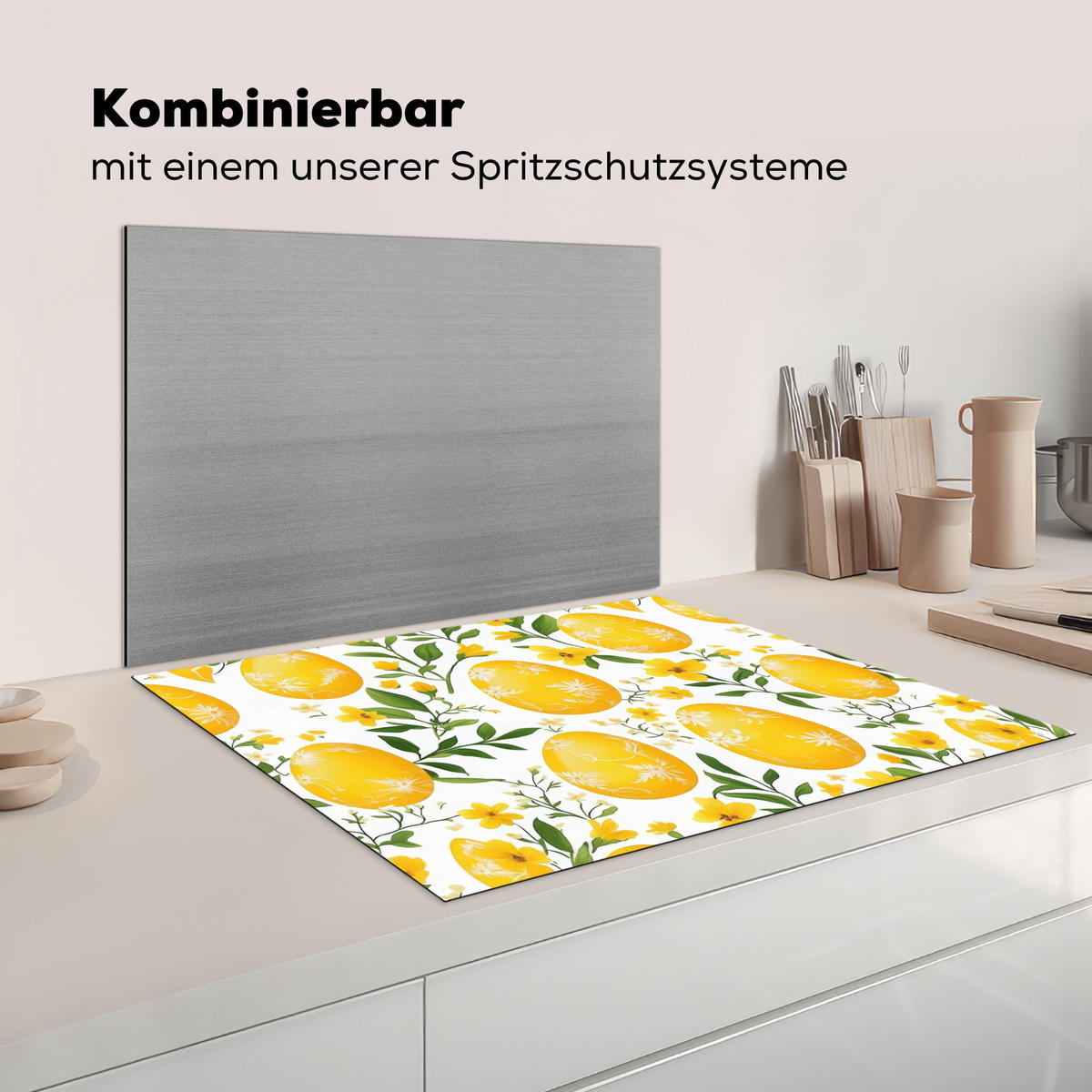 HERDABDECKPLATTE Blumen - Ostereier - Gelb Induktionsmatte 77x59 cm - Gelb, Kunststoff (77/59/0.2cm) - MuchoWow