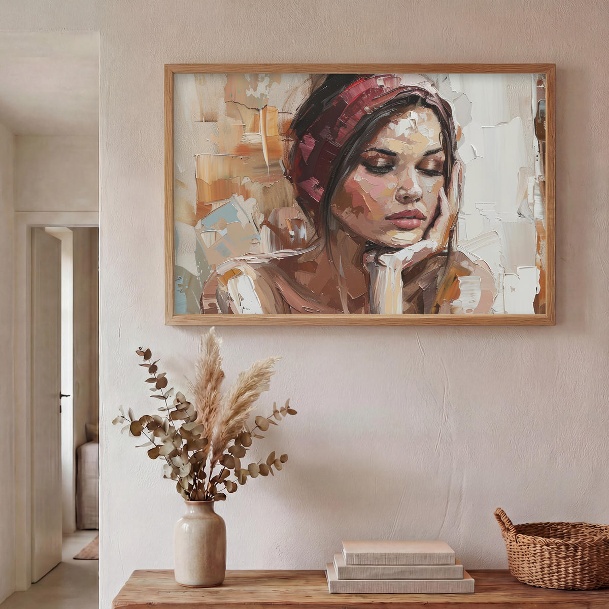 NÁSTĚNNÁ LAMPA S AKUMULÁTOREM Žena - vzhled malby - portrét - moderní 100x70 cm - hnědá, kompozitní dřevo (100/70/8cm) - OnlyWow