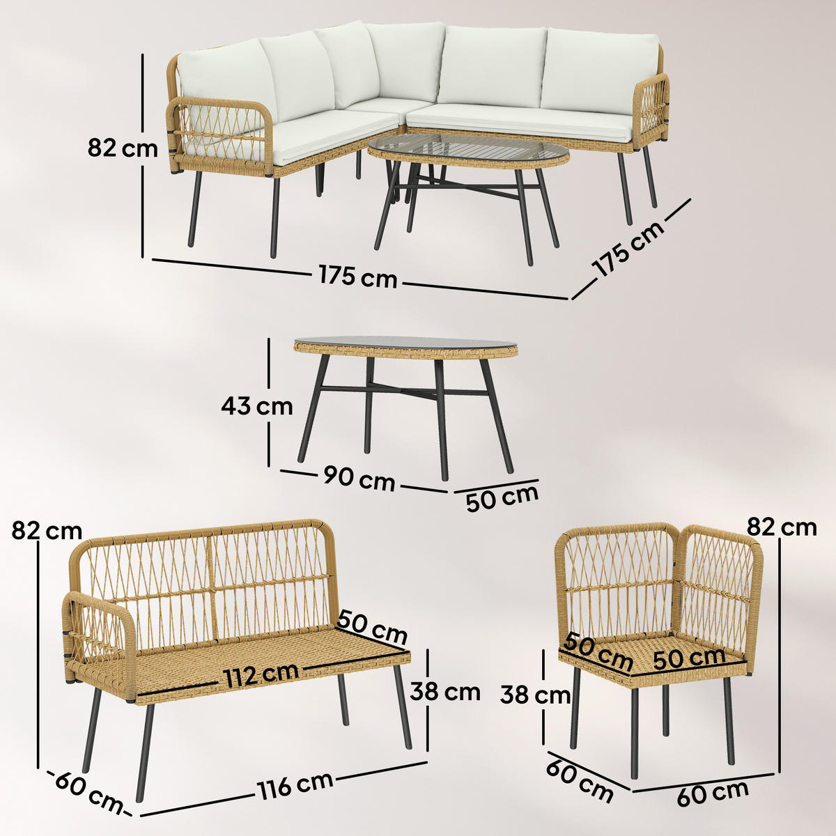 LOUNGESET 4 TLG. aus Polyrattan Stahl Cremeweiß - Transparent/Creme, Kunststoff/Metall - Outsunny
