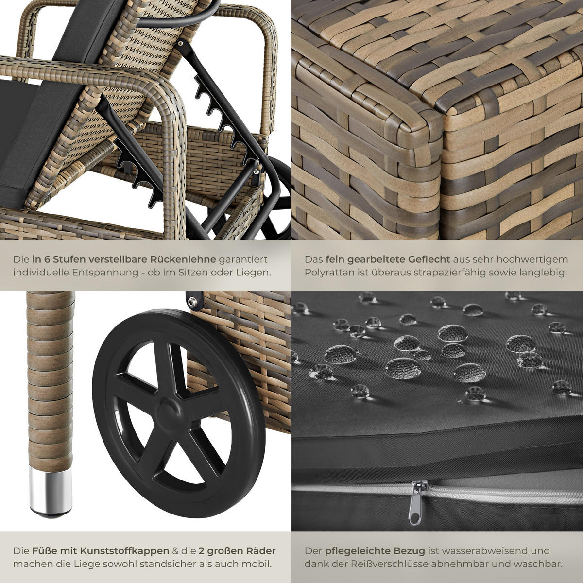 RATTAN-SONNENLIEGE ,200 x 70 x 33 cm,natur/dunkelgrau - Naturfarben, Kunststoff (70/33/200cm) - tectake