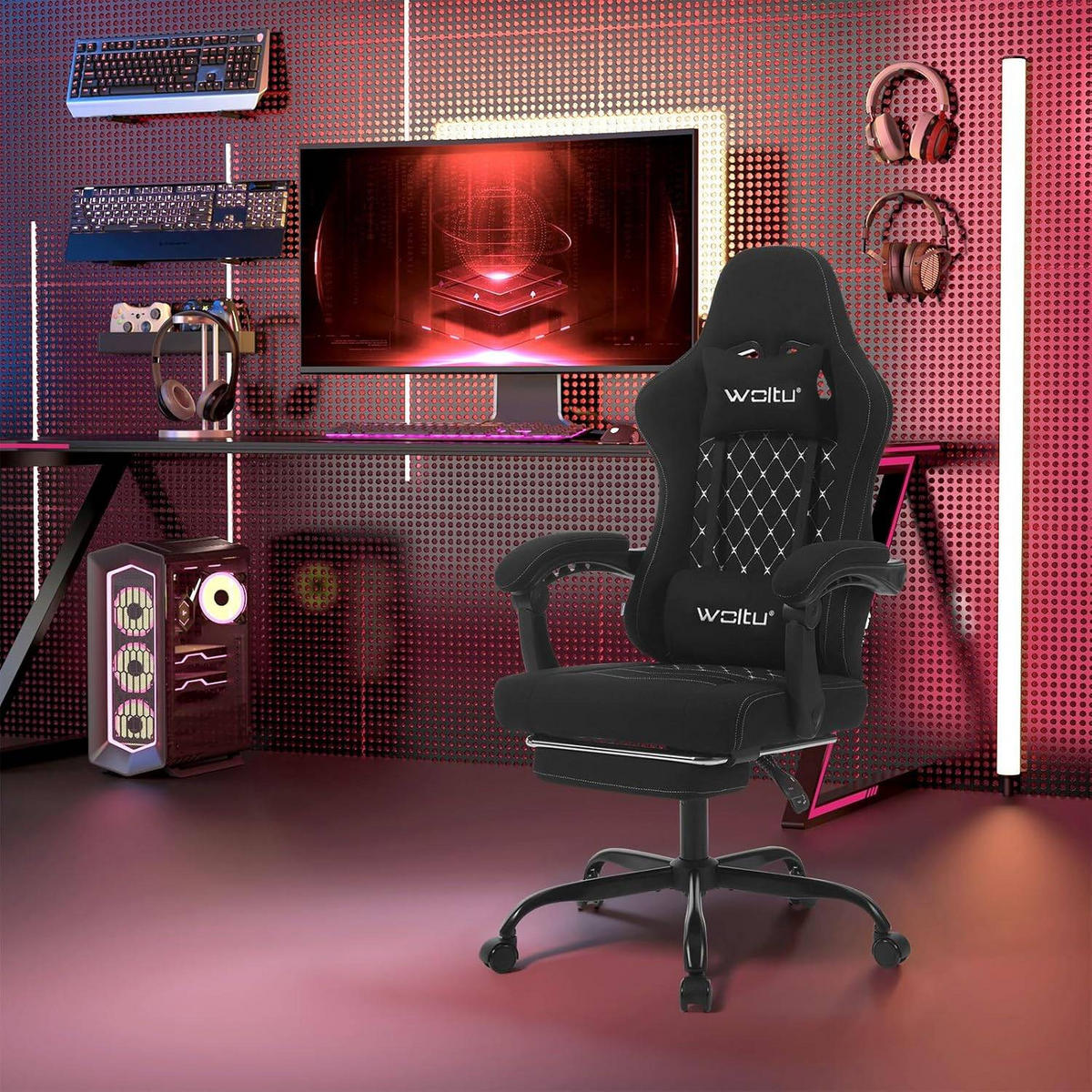 GAMINGSTUHL mit Massagefunktion, Computerstuhl Ergonomisch - Schwarz/Weiß, Kunststoff/Textil (70/127/70cm) - Woltu