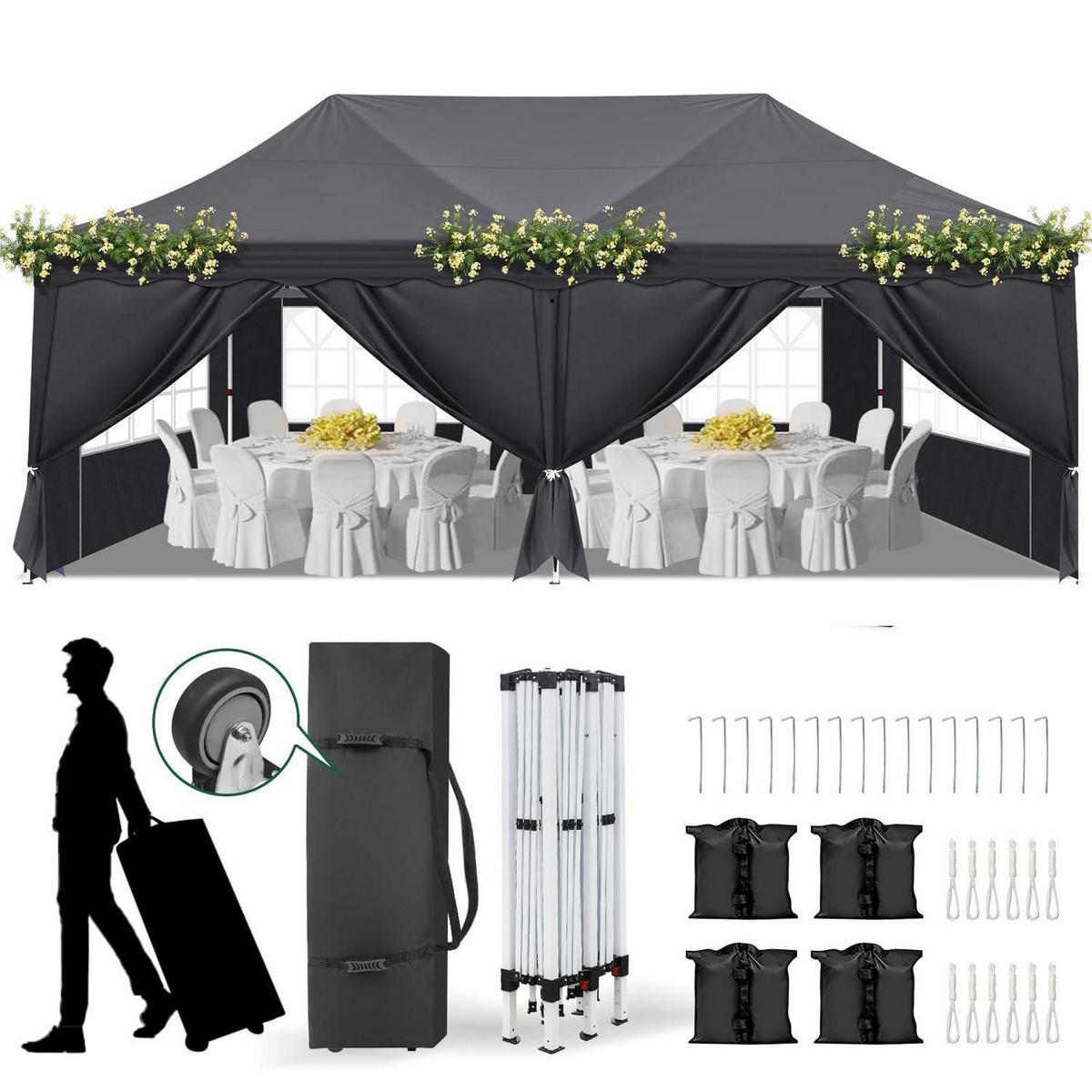 FALTPAVILLON 3x6m Dunkelgrau Wasserdicht UV-Schutz 50+ Textil - Anthrazit, Textil (300/316/600cm)