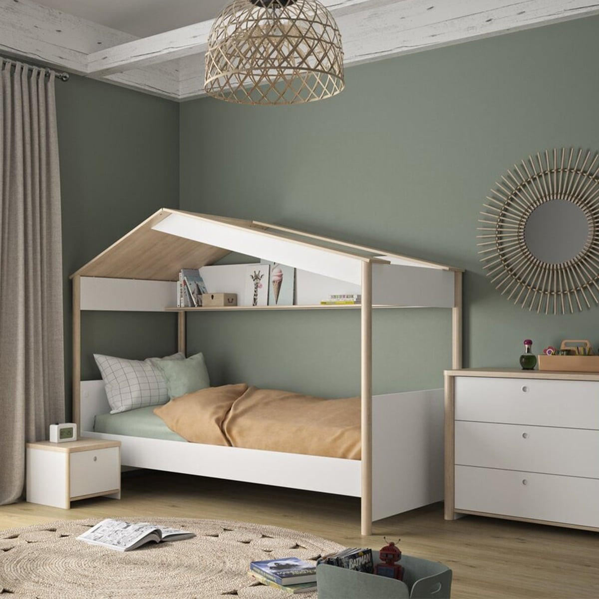 HAUSBETT 90x200 cm – MATIS - Eichefarben/Weiß, Holzwerkstoff (90/200cm) - Calicosy