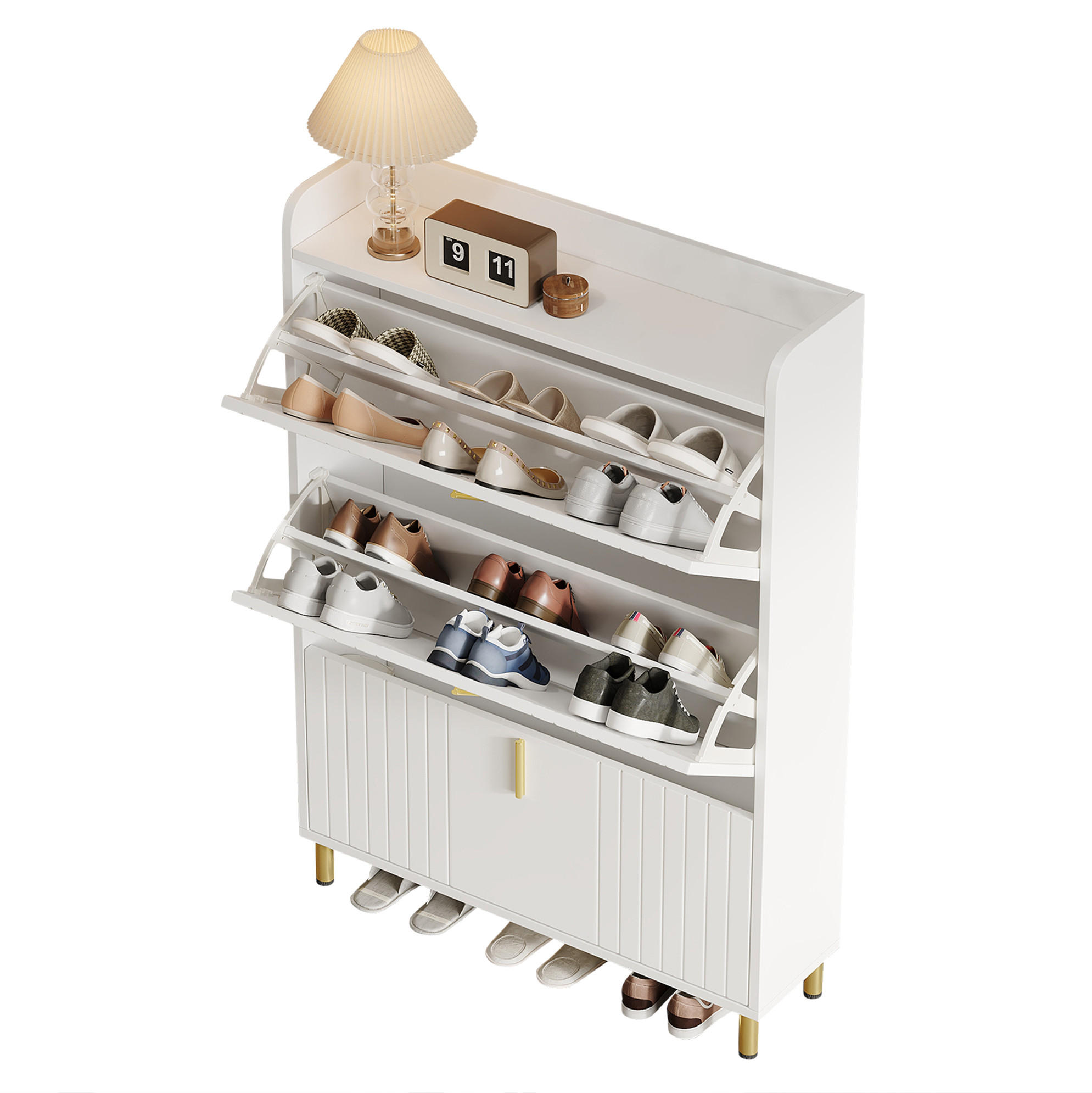 SKRINKA na topánky 23/80/123,5 cm biela s 3 výklopnými priehradkami a nastaviteľnými policami z MDF - biela, kompozitné drevo (80/123.5/23.5cm) - OKWISH