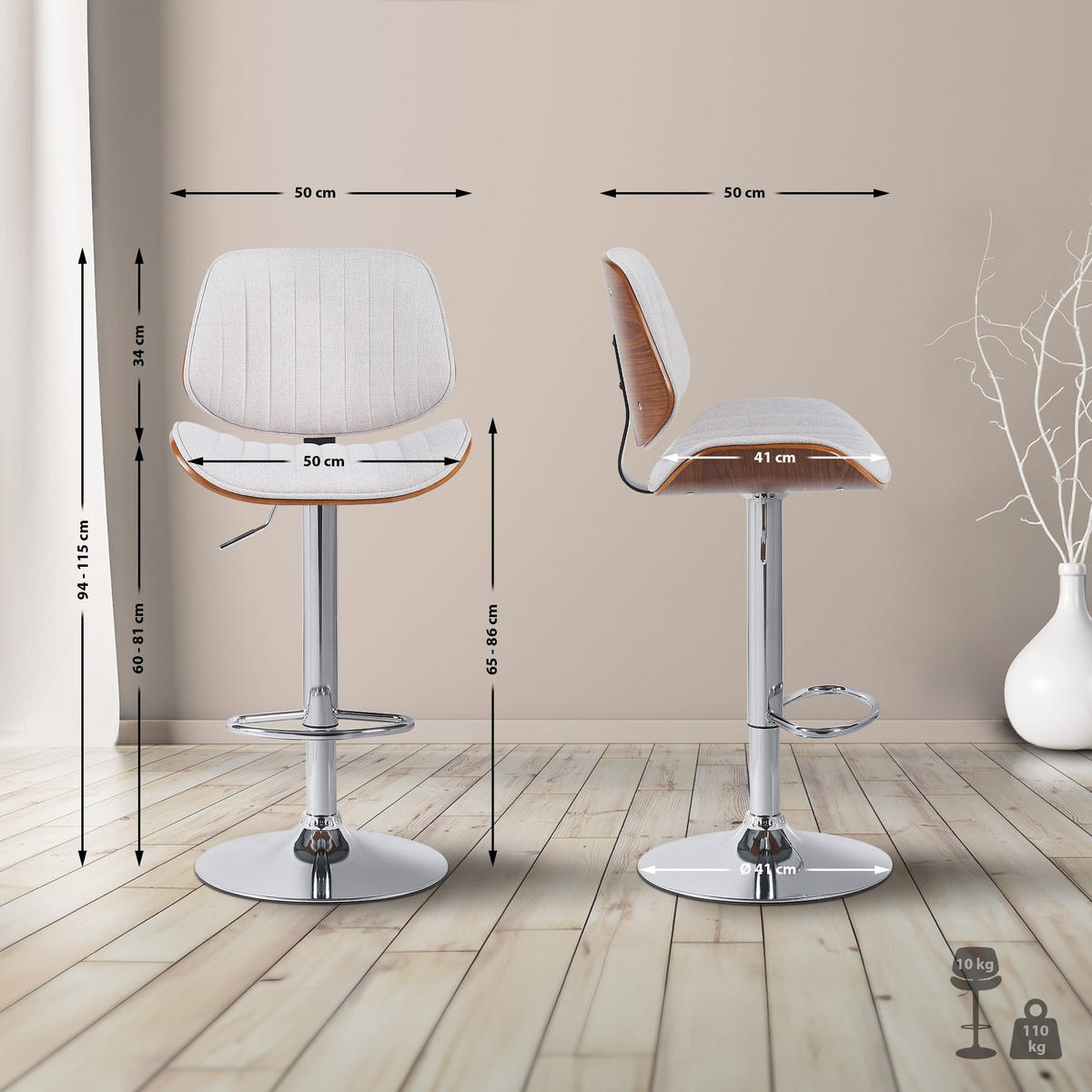 BARHOCKER Stoff walnuss/creme - Chromfarben/Walnussfarben, Textil/Metall (50/94/50cm) - CLP