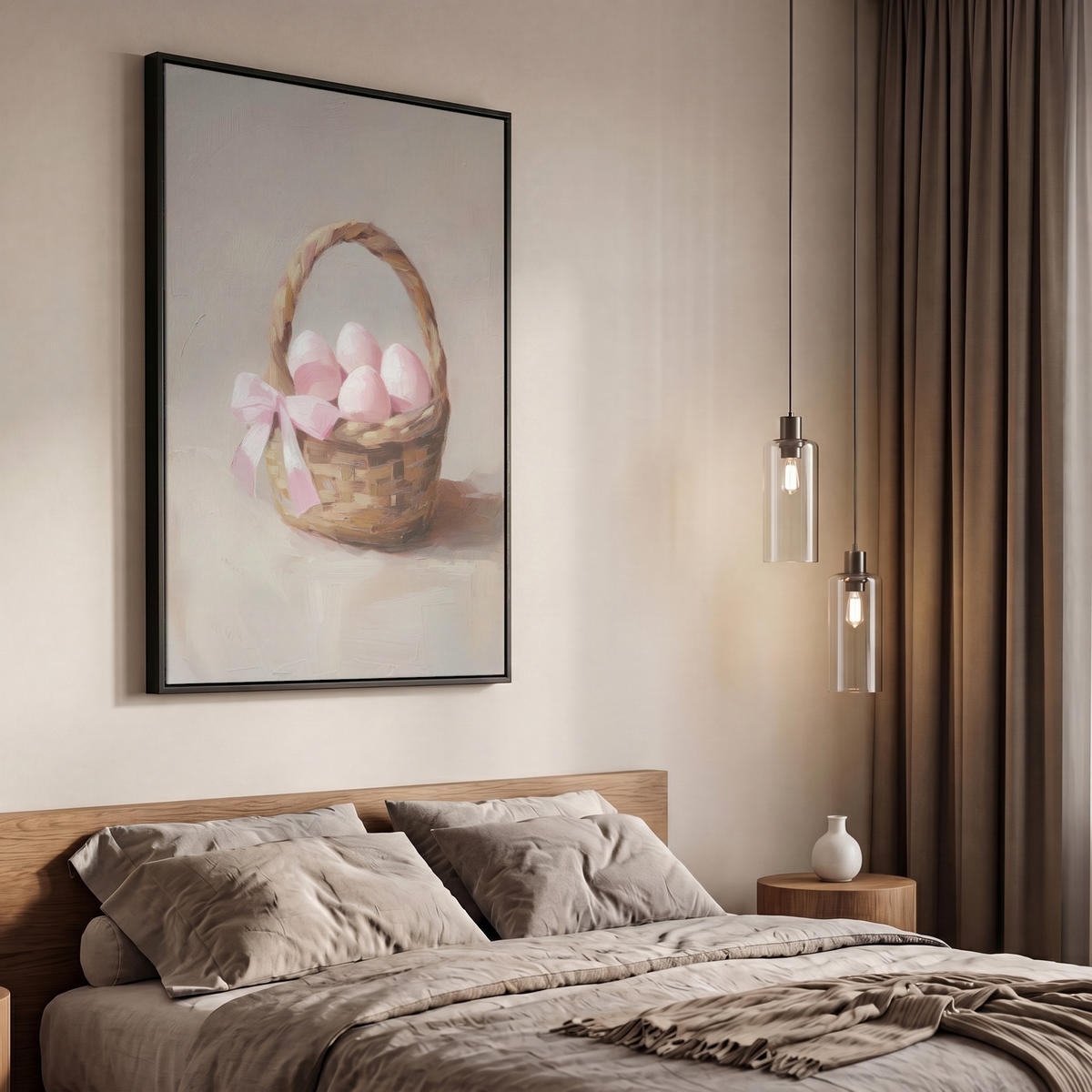 LEINWAND Bilder mit Rahmen - Korb - Eier - Rosa - 60x90 - Beige, Textil (60/90cm) - MuchoWow