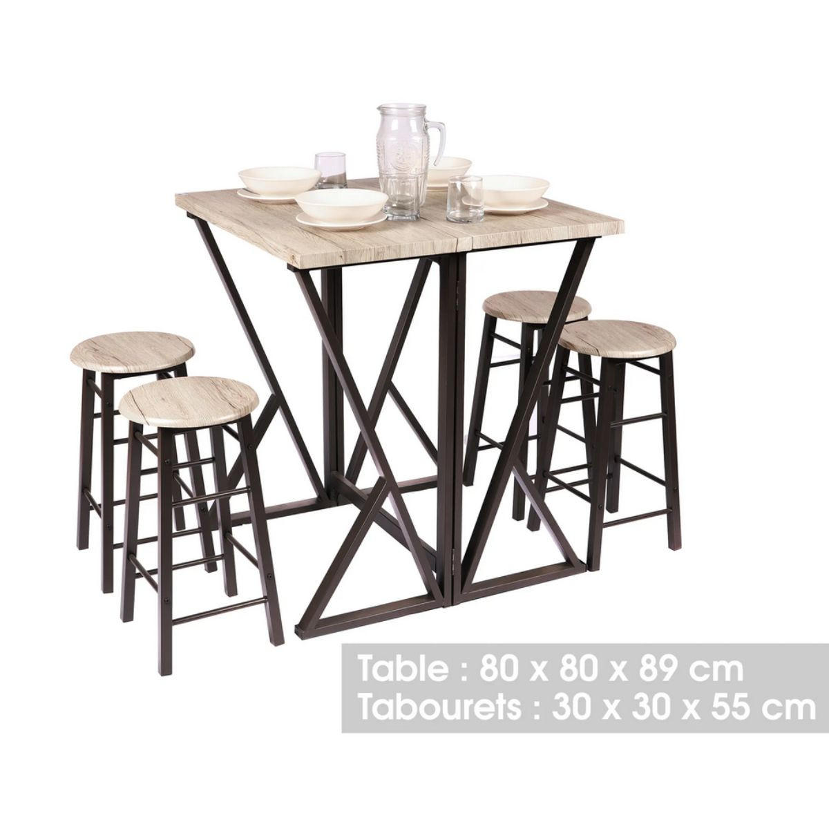 HOCHKLAPPBARER hoher Tisch + 4 Hocker - DOCK - 80/80/89 cm - Eschefarben, Holzwerkstoff (80/89/18cm) - Calicosy