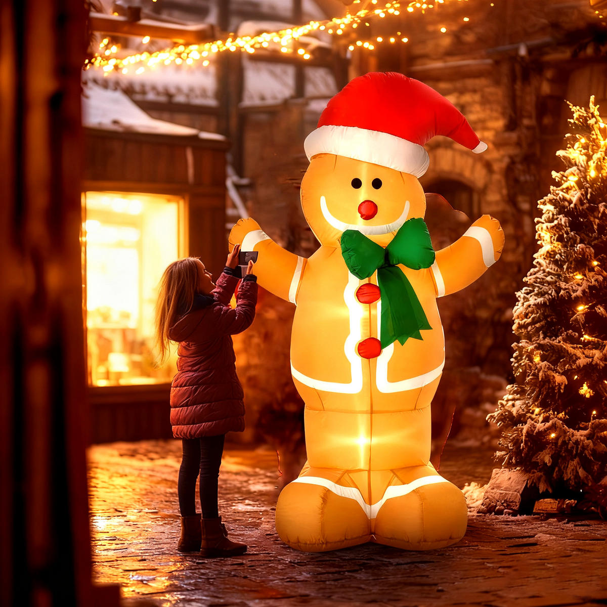 NAFUKOVACÍ perníkový panáček, vánoční dekorace, 1,83 m, 3 LED diody, odolný proti povětrnostním vlivům - žlutá, textil (70/183/110cm) - HOMCOM