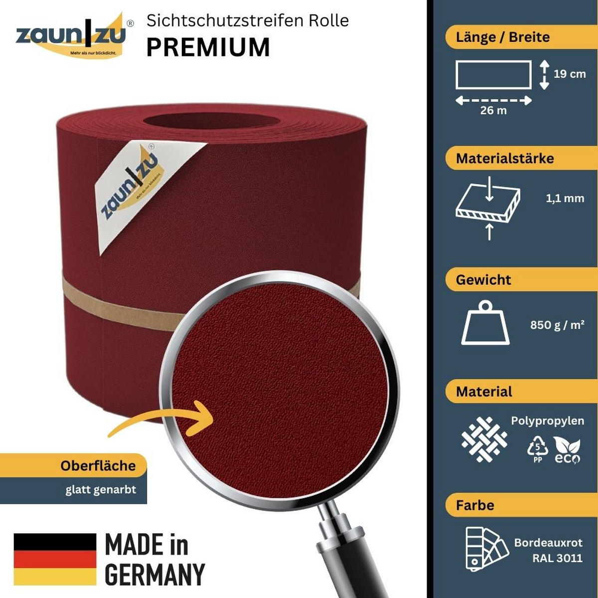 SICHTSCHUTZSTREIFEN Premium für Doppelstabmatten Zaunblende Bordeauxrot, 26m - Bordeaux, Kunststoff (2600/19cm) - ZAUN|ZU