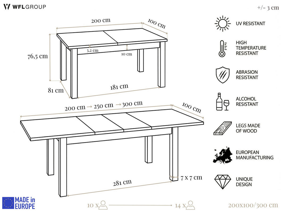 ESSTISCH Lindberg ausziehbar verlängerbar rechteckig, Eiche Sonoma Hellbraun 200-300/100/77 cm - Schwarz/Sonoma Eiche, Holz/Holzwerkstoff (200/100/76.5cm) - WFL GROUP