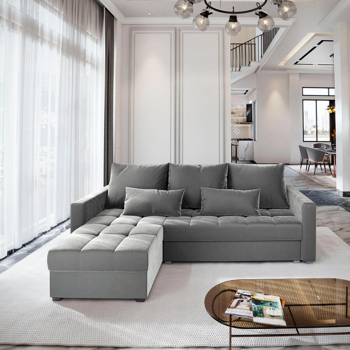 ECKSOFA KOS PIK Hellgrau Plüsch-Stoff mit Schlaffunktion - Hellgrau, Holz (220/140cm) - MASSENO