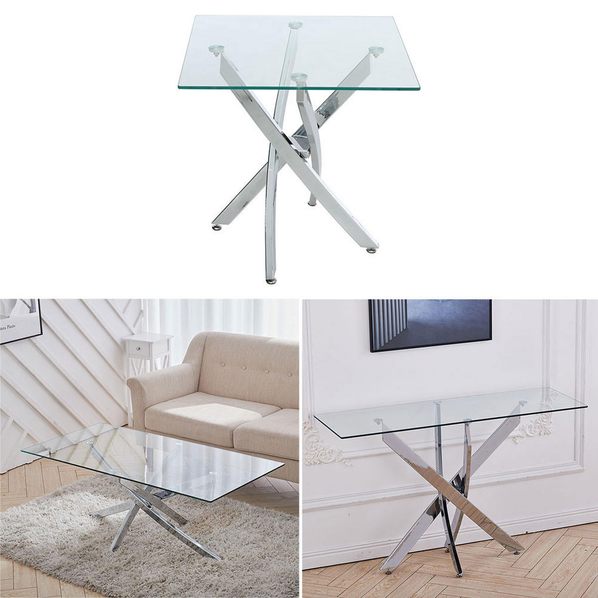 BEISTELLTISCH aus Glas mit Metalbeine Quadratisch 55 x 55 x 55 cm - Transparent, Glas (55/55/55cm) - Livingandhome