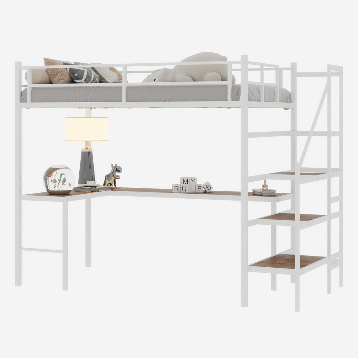 HOCHBETT Schreibtisch L Form Stauraum - Weiß, Metall - LEBENLANG