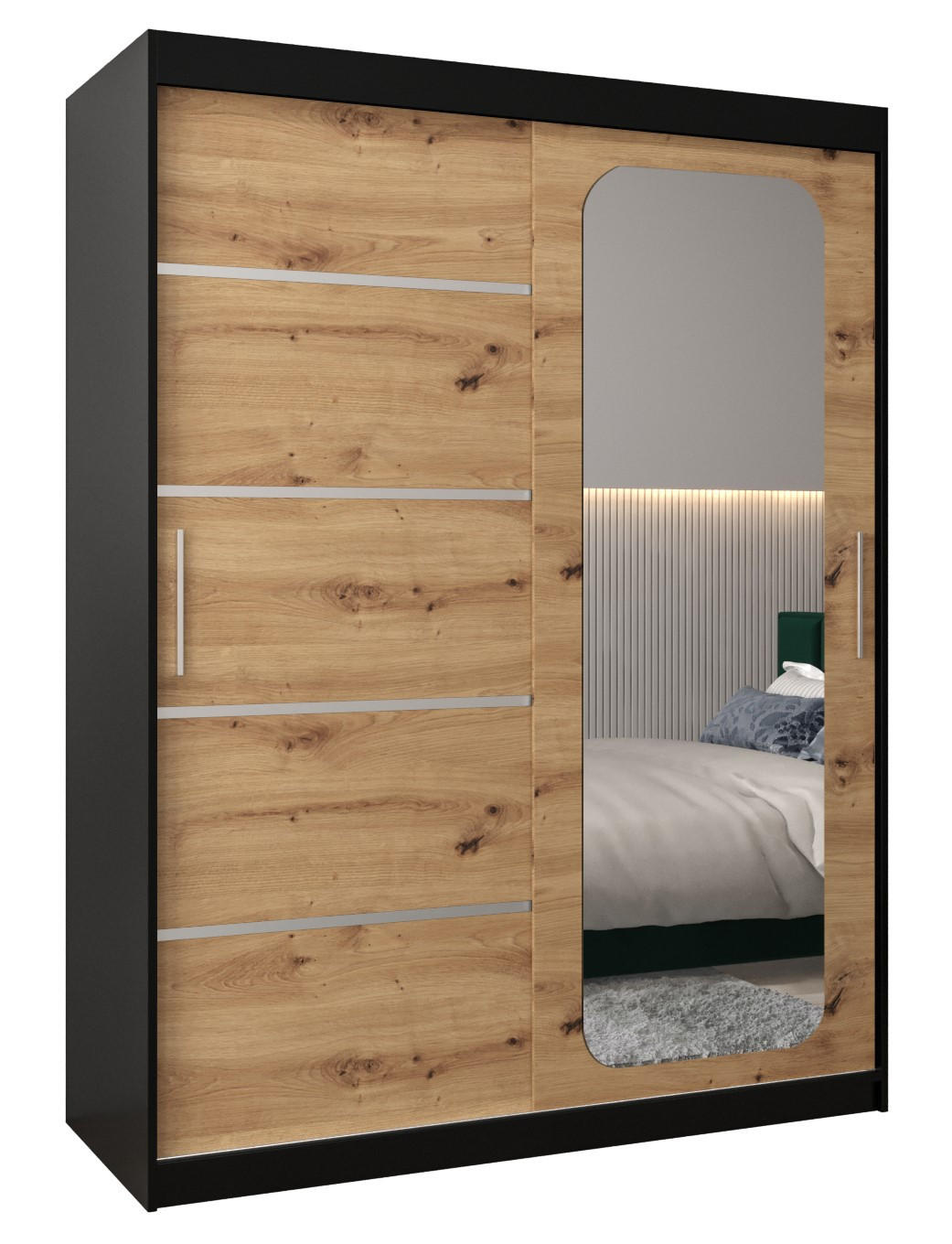 Abiks Möbel Schwebetürenschrank Schwarz, Eiche Artisan 150x200x62 cm