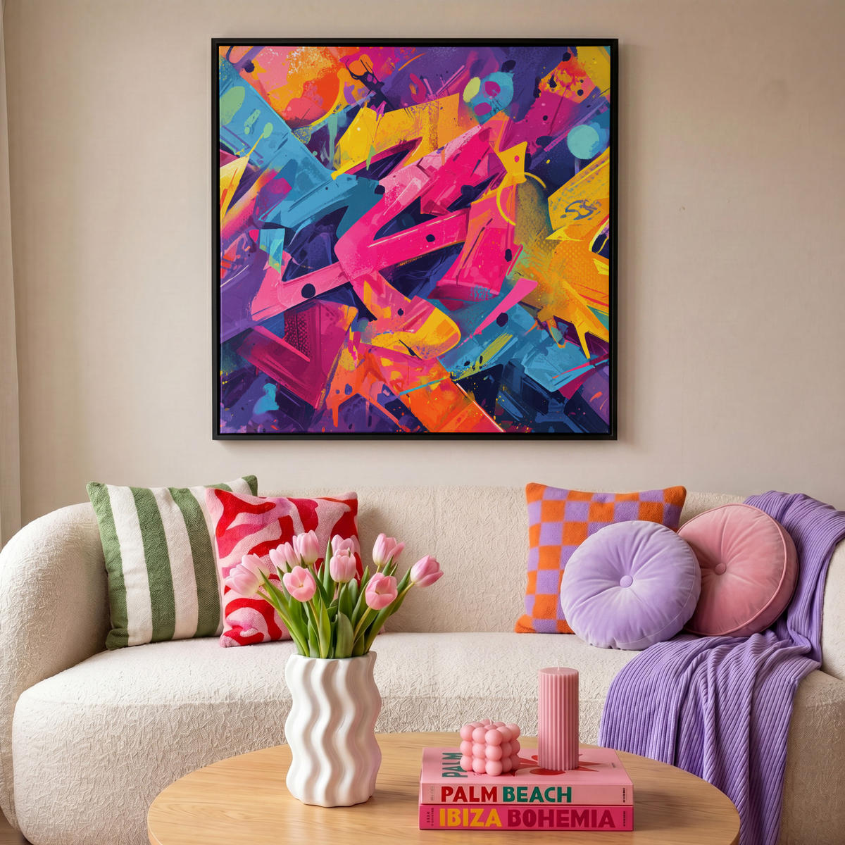 LEINWAND Bilder mit Rahmen - Abstrakt - Formen - Farbenfroh - 90x90 - Magenta, Textil (90/90cm) - MuchoWow